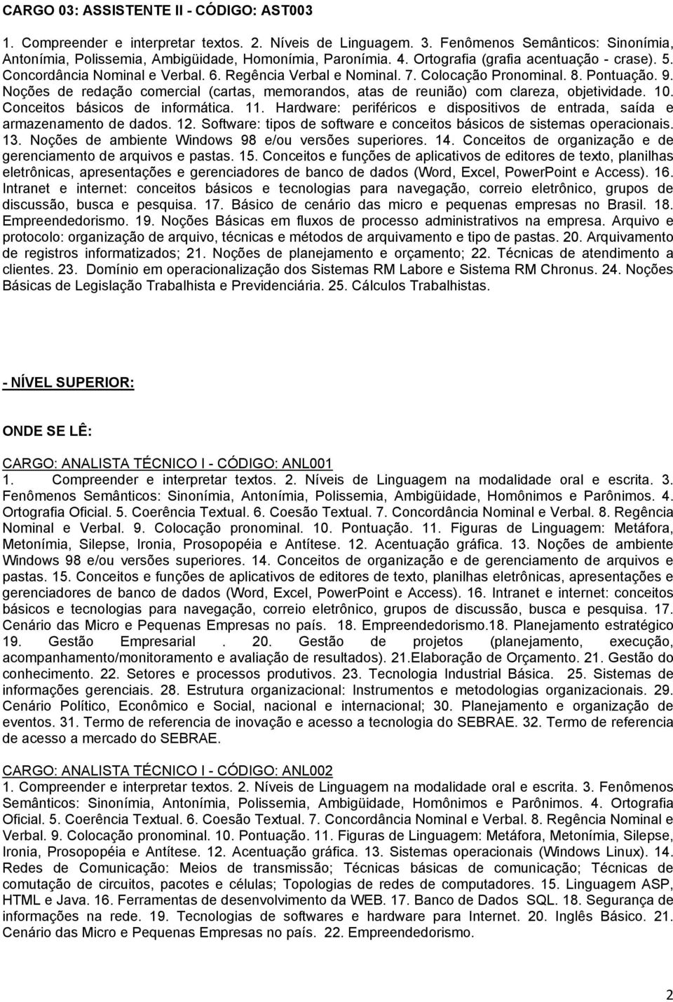 Noções de redação comercial (cartas, memorandos, atas de reunião) com clareza, objetividade. 10. Conceitos básicos de informática. 11.