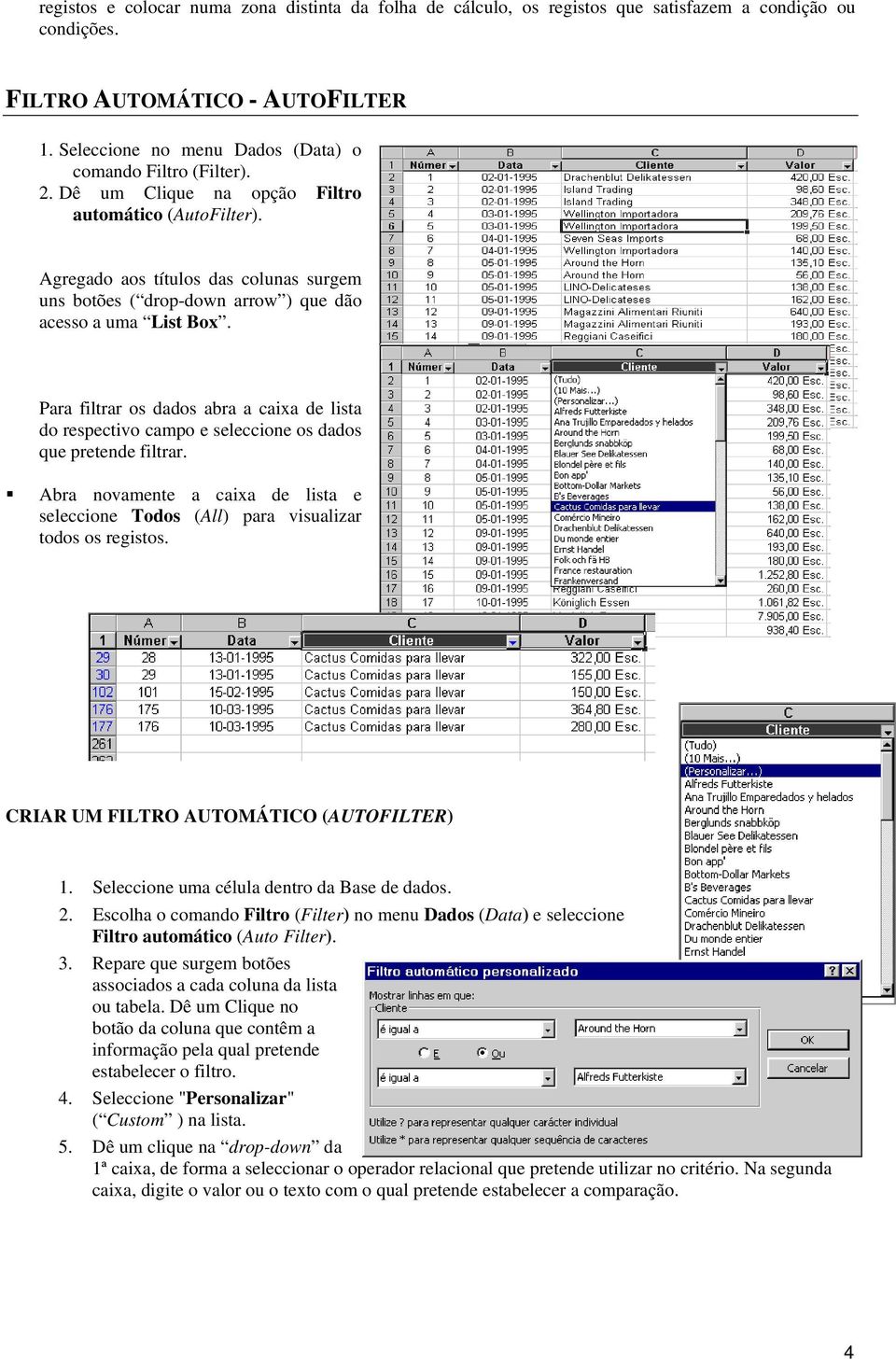 Agregado aos títulos das colunas surgem uns botões ( drop-down arrow ) que dão acesso a uma List Box.