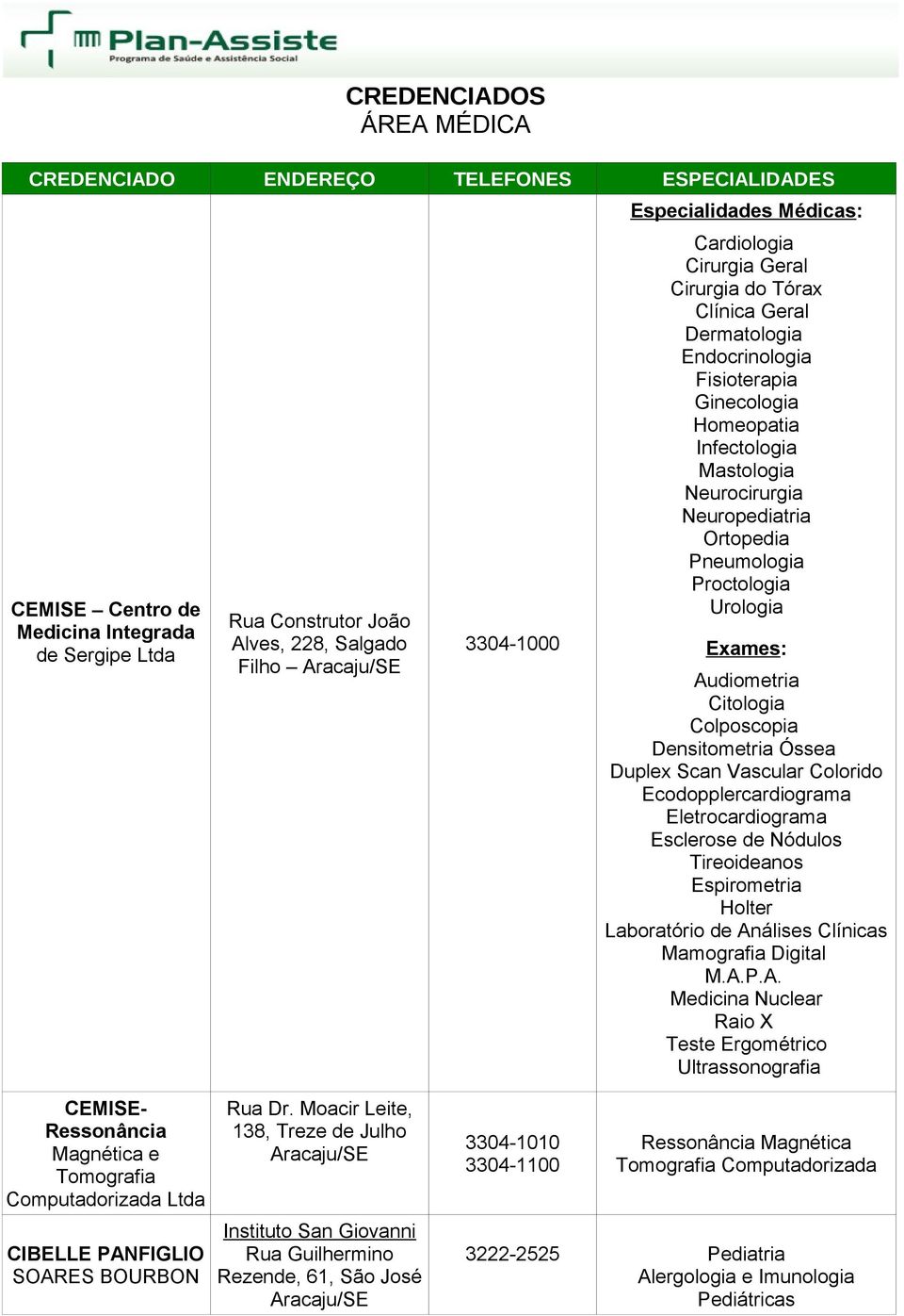 Ecodopplercardiograma Esclerose de Nódulos Tireoideanos Espirometria Holter Laboratório de Análises Clínicas Mamografia Digital Medicina Nuclear Teste Ergométrico CEMISE- Ressonância Magnética e