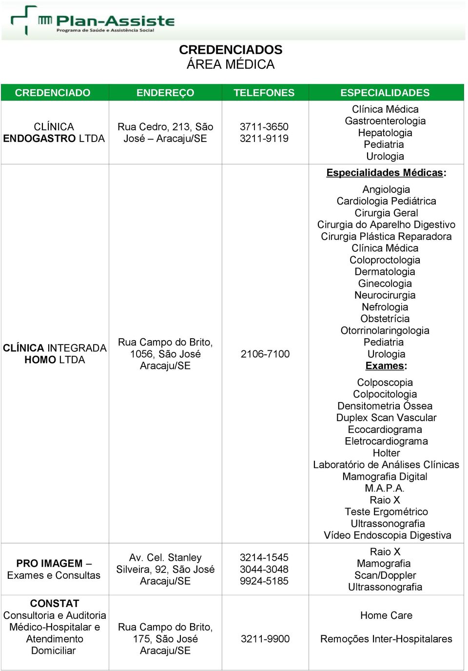 Cirurgia Geral Cirurgia do Aparelho Digestivo Cirurgia Plástica Reparadora Clínica Médica Coloproctologia Ginecologia Neurocirurgia Nefrologia Obstetrícia Otorrinolaringologia Colposcopia