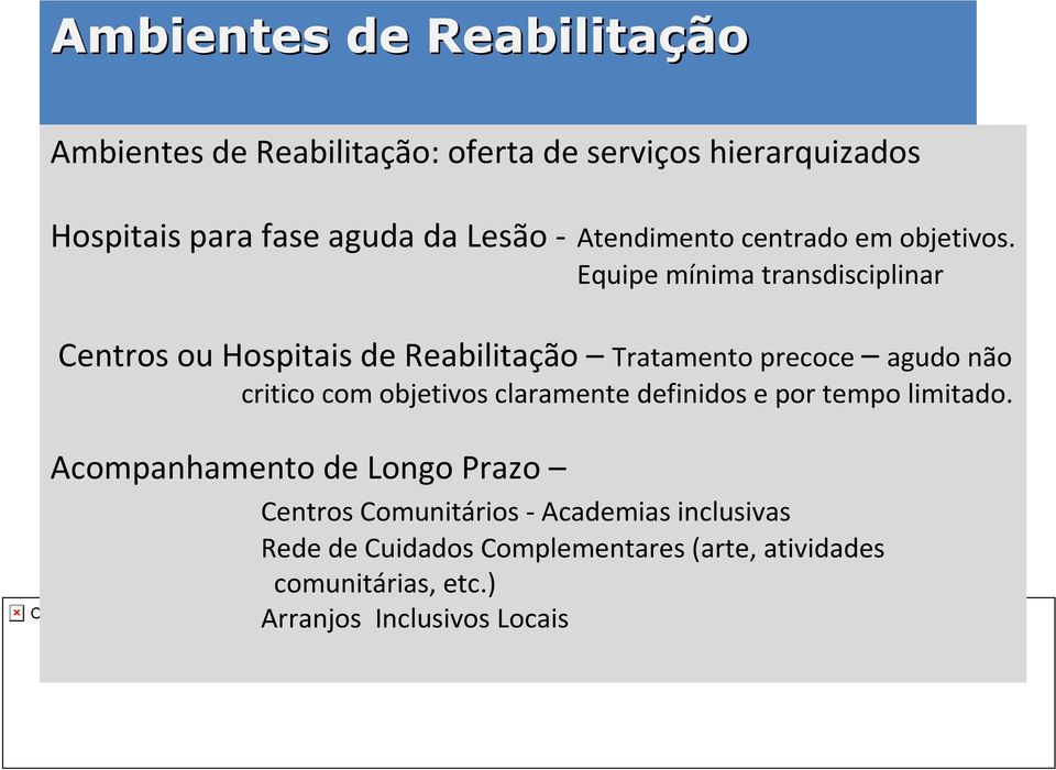 Equipe mínima transdisciplinar Centros ou Hospitais de Reabilitação Tratamento precoce agudo não critico com objetivos