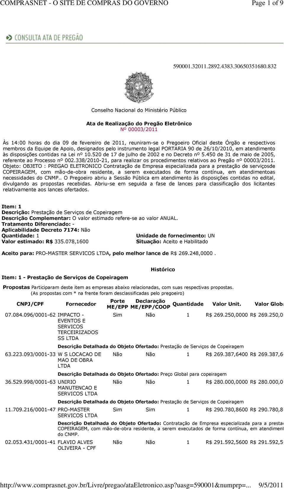 respectivos membros da Equipe de Apoio, designados pelo instrumento legal PORTARIA 90 de 26/10/2010, em atendimento às disposições contidas na Lei nº 10.520 de 17 de julho de 2002 e no Decreto nº 5.