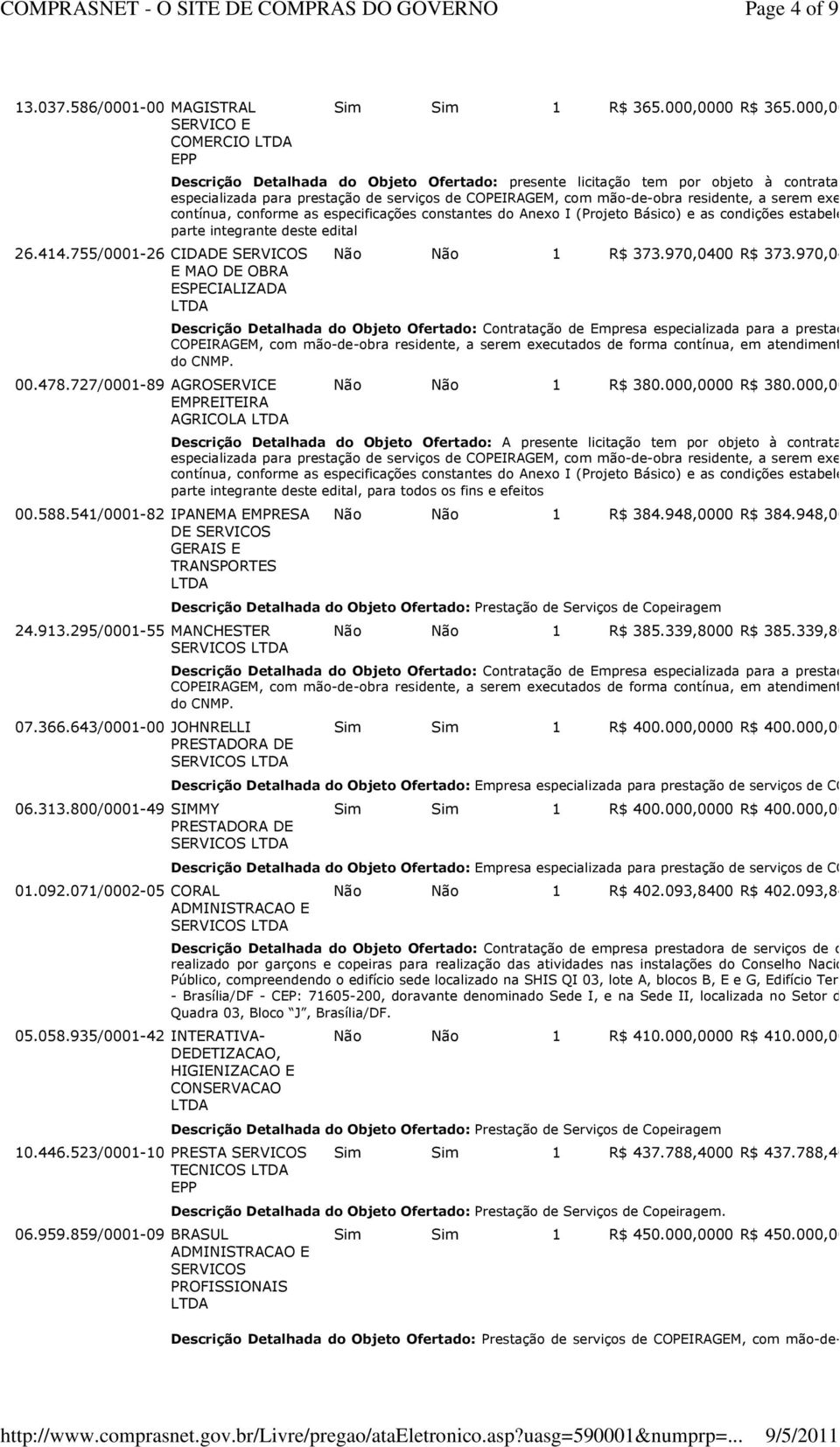 800/0001-49 SIMMY PRESTADORA DE SERVICOS 01.092.071/0002-05 CORAL ADMINISTRACAO E SERVICOS 05.058.935/0001-42 INTERATIVA- DEDETIZACAO, HIGIENIZACAO E CONSERVACAO 10.446.