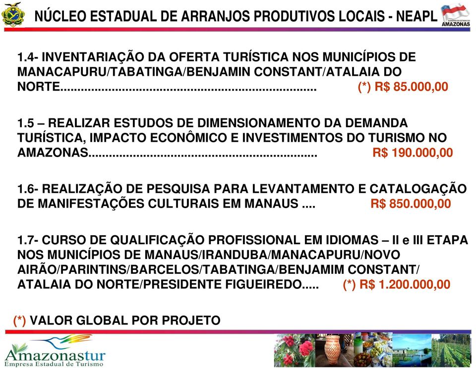 6- REALIZAÇÃO DE PESQUISA PARA LEVANTAMENTO E CATALOGAÇÃO DE MANIFESTAÇÕES CULTURAIS EM MANAUS... R$ 850.000,00 1.