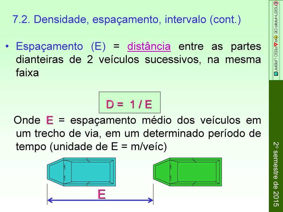 veículos sucessivos, na mesma faixa D = 1 / E Onde E = espaçamento