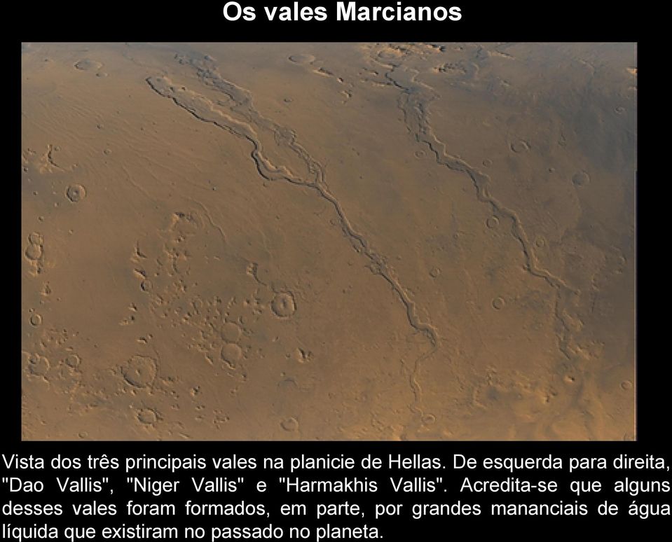 De esquerda para direita, "Dao Vallis", "Niger Vallis" e "Harmakhis