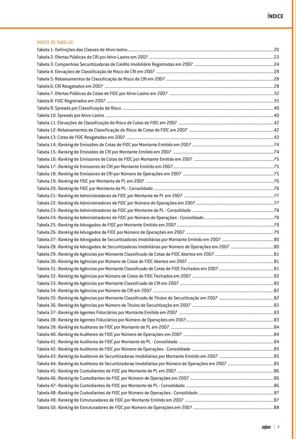 ..28 Tabela 5: Rebaixamentos de Classificação de Risco de CRI em 2007...28 Tabela 6: CRI Resgatados em 2007...28 Tabela 7: Ofertas Públicas de Cotas de FIDC por Ativo-Lastro em 2007.