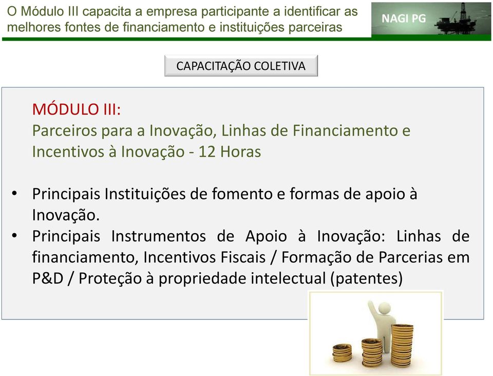 - 12 Horas Principais Instituições de fomento e formas de apoio à Inovação.