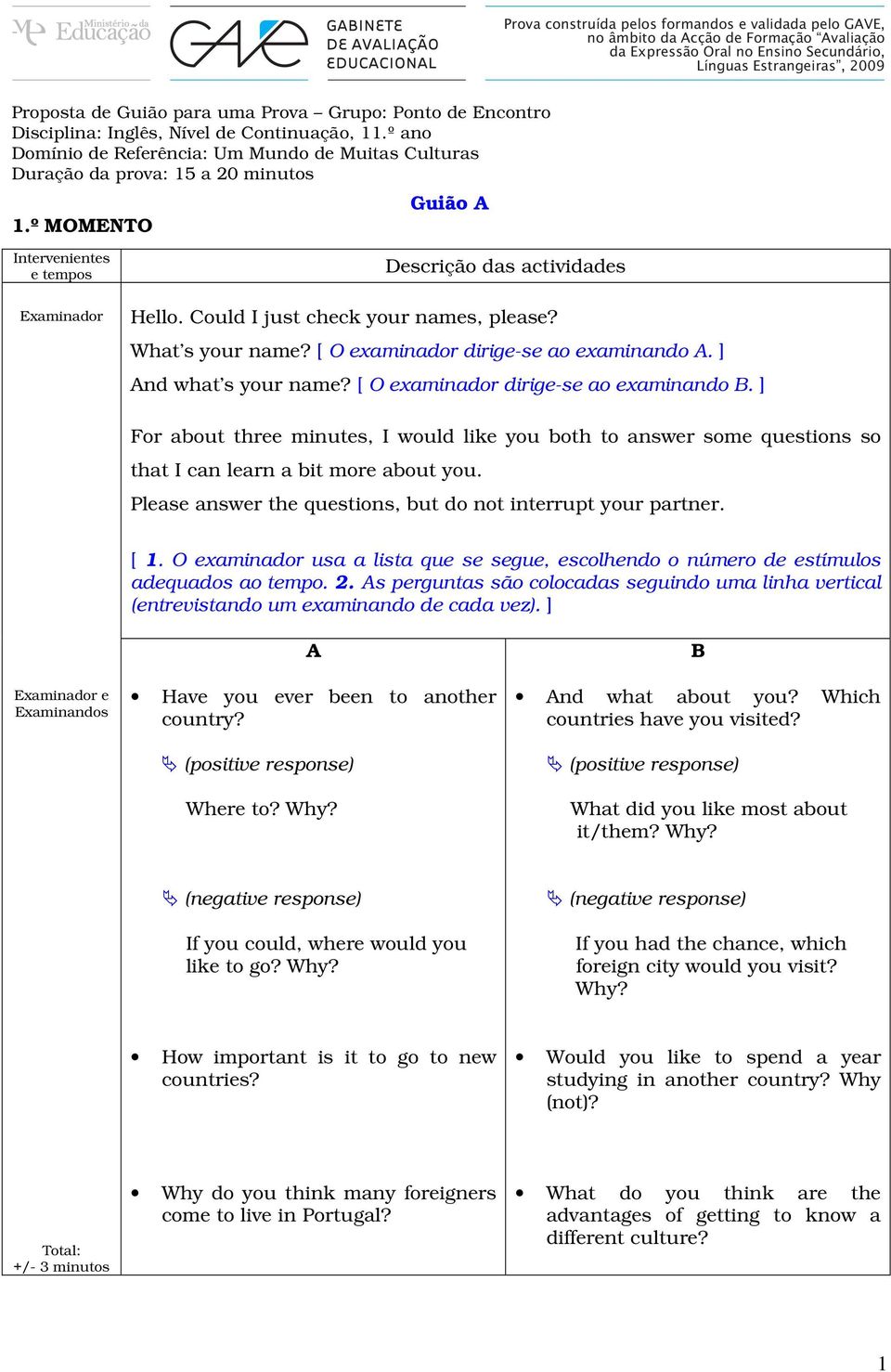 [ O examinador dirige-se ao examinando B. ] For about three minutes, I would like you both to answer some questions so that I can learn a bit more about you.