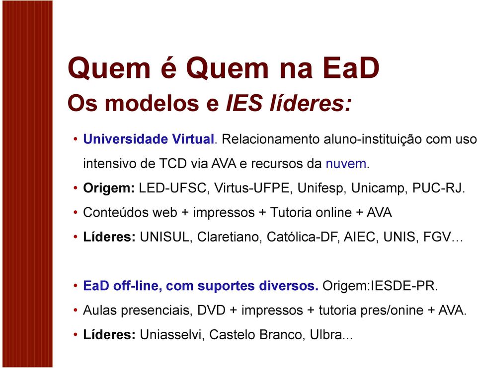 Origem: LED-UFSC, Virtus-UFPE, Unifesp, Unicamp, PUC-RJ.