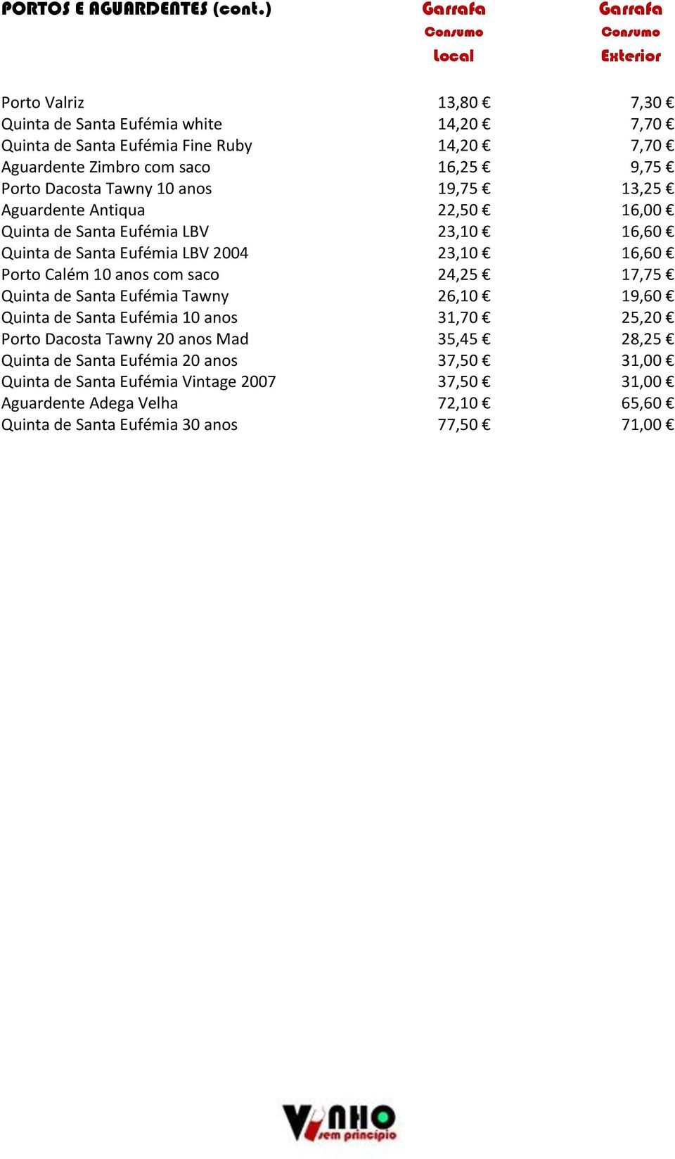 Tawny 10 anos 19,75 13,25 Aguardente Antiqua 22,50 16,00 Quinta de Santa Eufémia LBV 23,10 16,60 Quinta de Santa Eufémia LBV 2004 23,10 16,60 Porto Calém 10 anos com