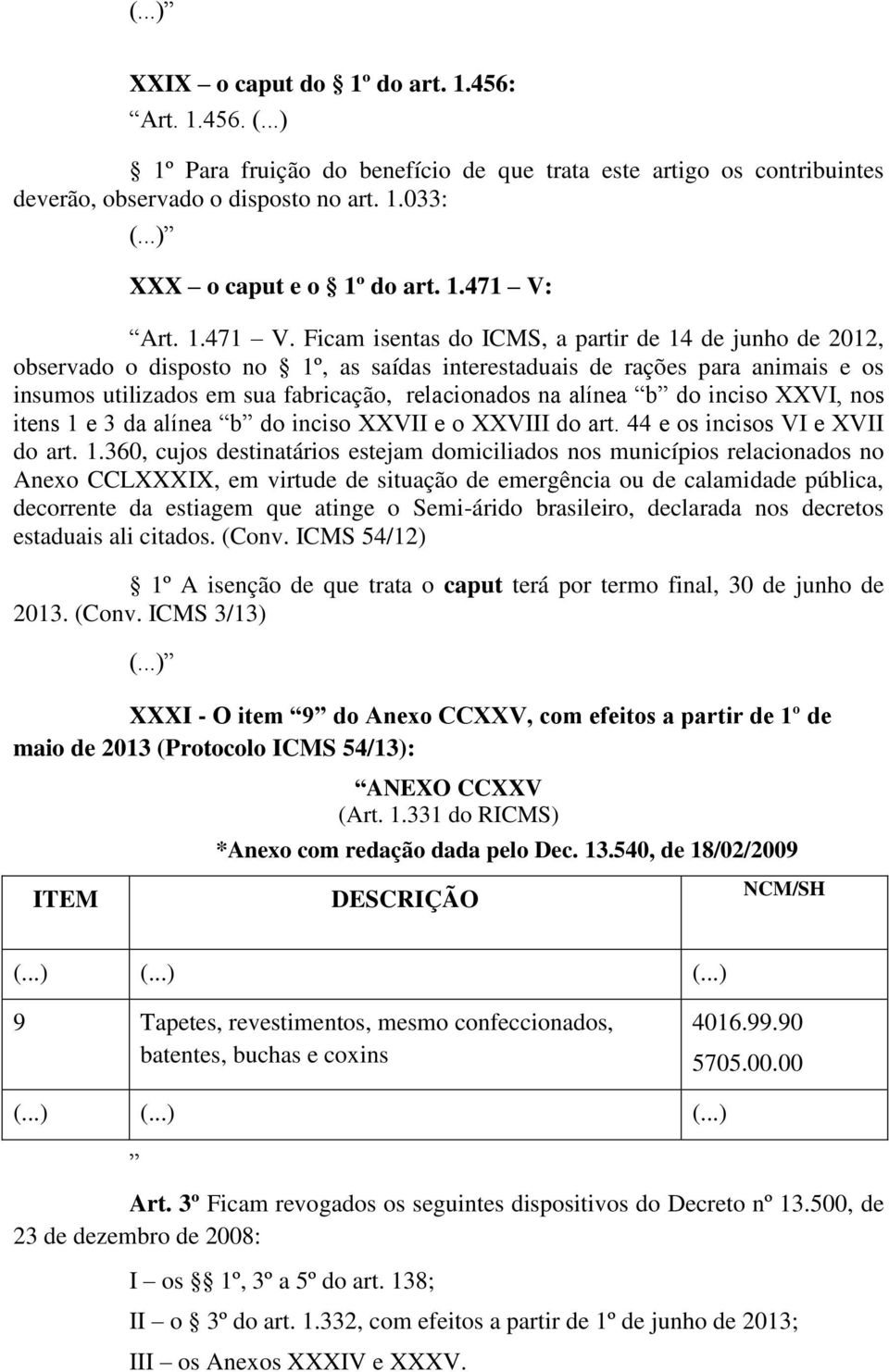 Ficam isentas do ICMS, a partir de 14 de junho de 2012, observado o disposto no 1º, as saídas interestaduais de rações para animais e os insumos utilizados em sua fabricação, relacionados na alínea b