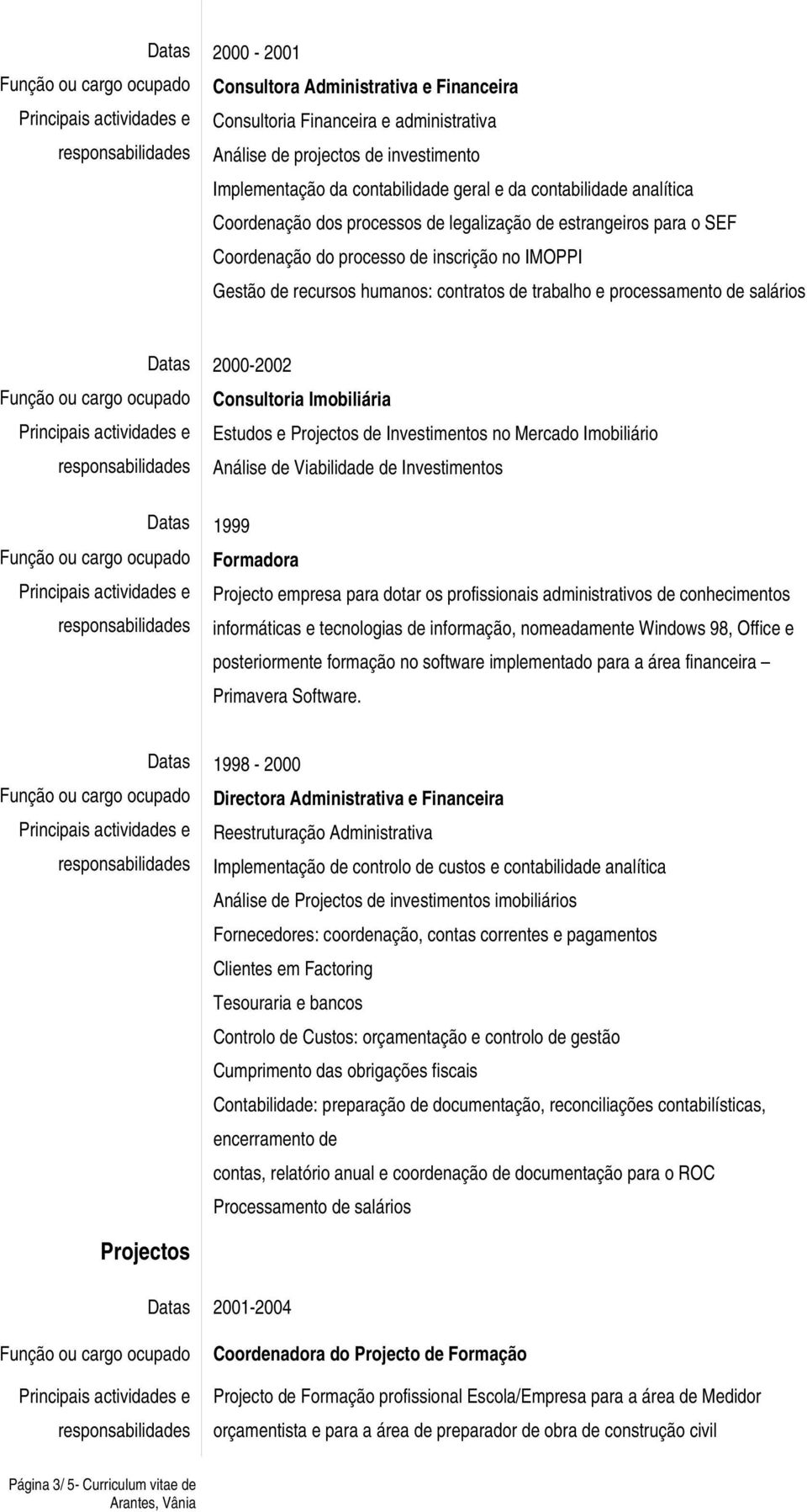 2000-2002 Consultoria Imobiliária Estudos e Projectos de Investimentos no Mercado Imobiliário Análise de Viabilidade de Investimentos 1999 Formadora Projecto empresa para dotar os profissionais