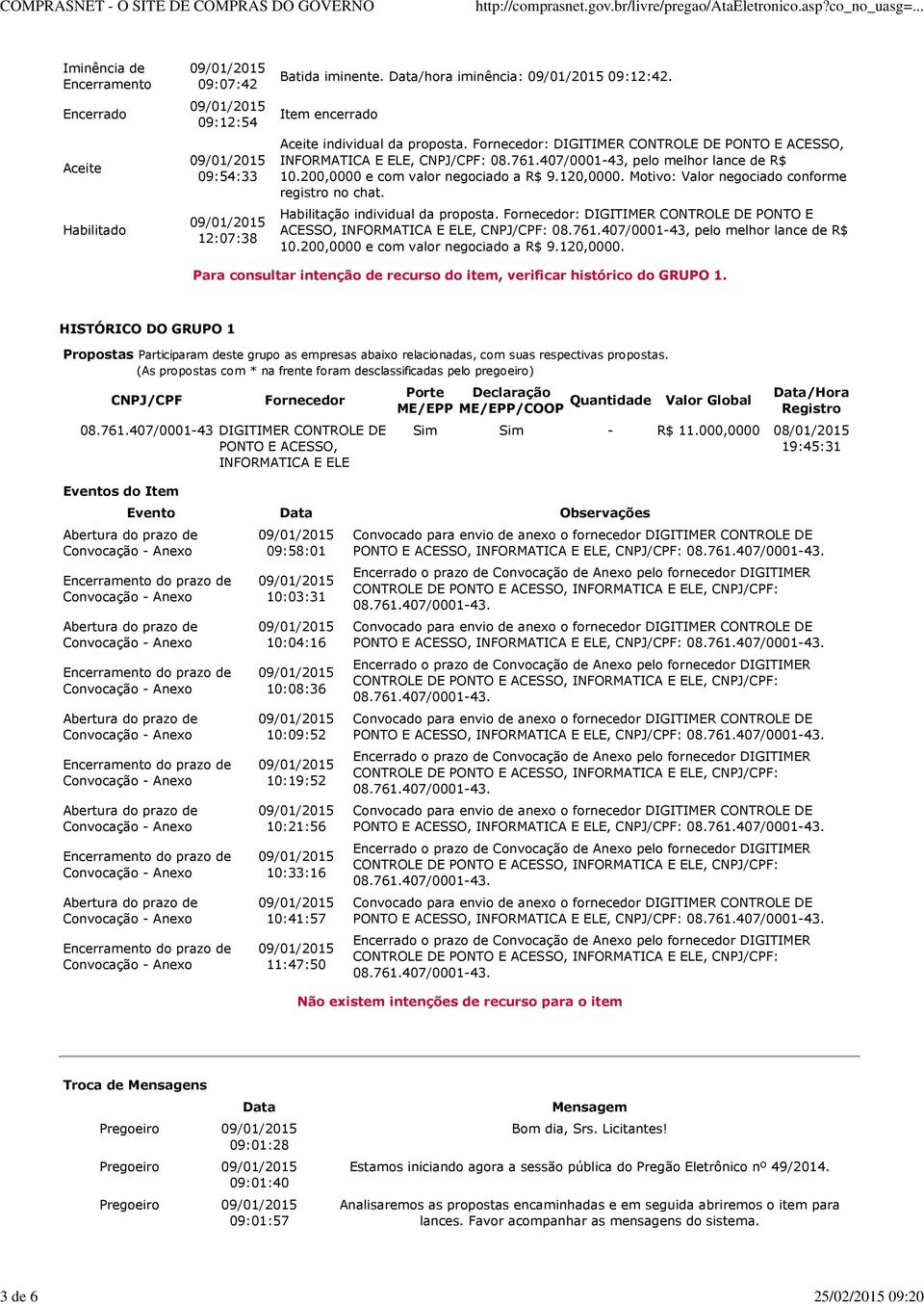 Motivo: Valor negociado conforme registro no chat. Habilitação individual da proposta.  Para consultar intenção de recurso do item, verificar histórico do GRUPO 1.