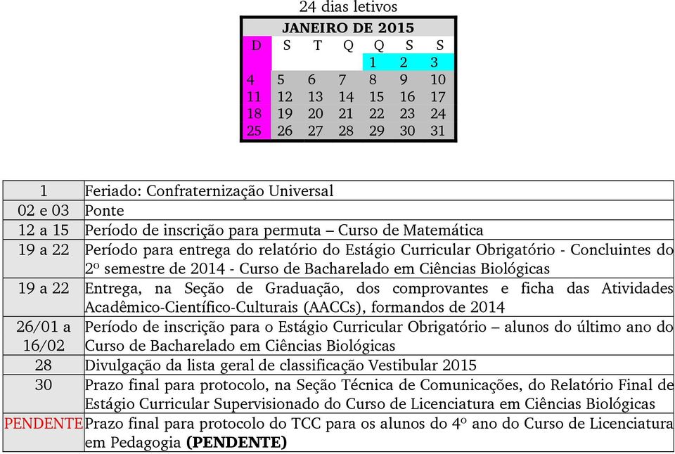 Entrega, na Seção de Graduação, dos comprovantes e ficha das Atividades Acadêmico-Científico-Culturais (AACCs), formandos de 2014 26/01 a Período de inscrição para o Estágio Curricular Obrigatório