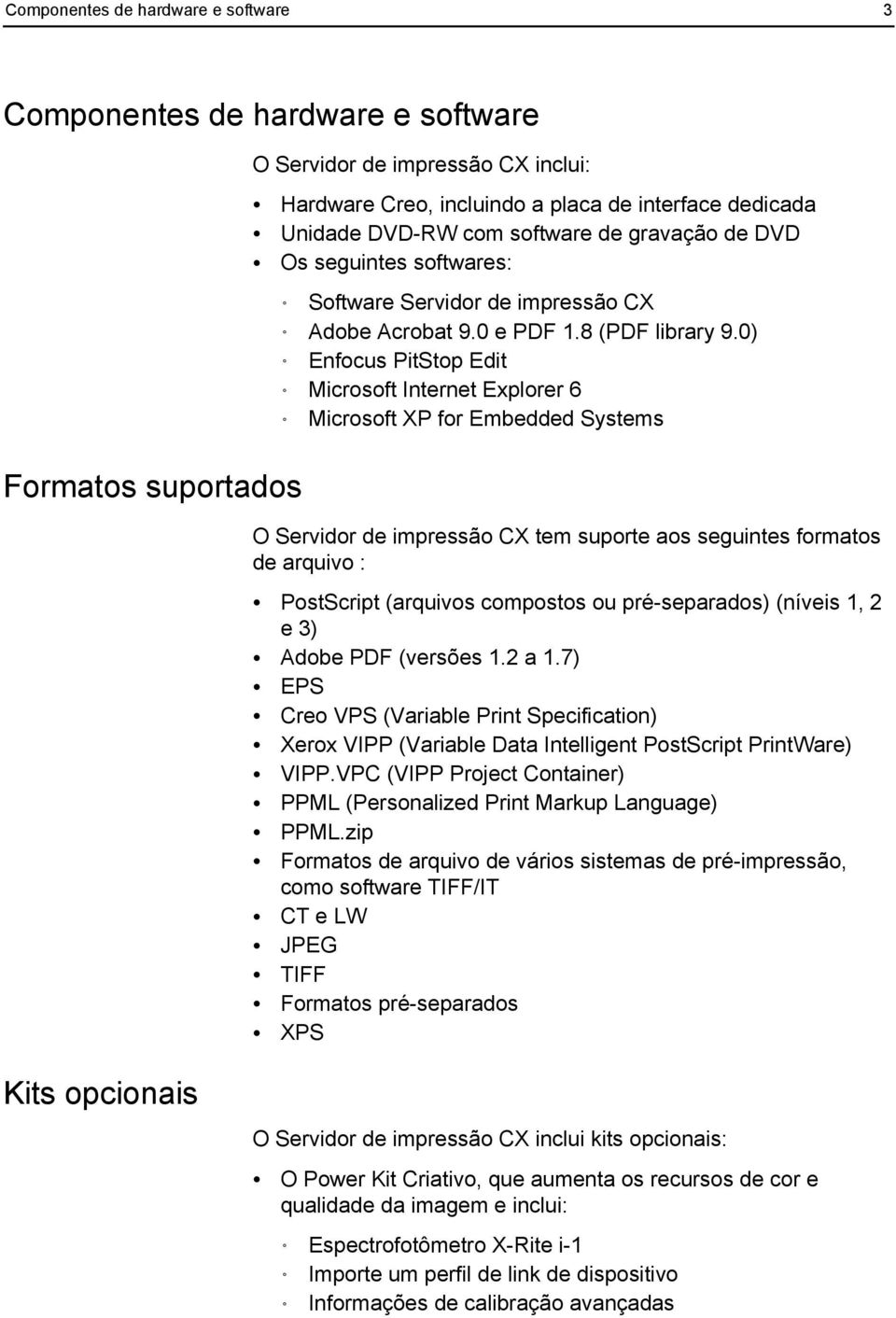 0) Enfocus PitStop Edit Microsoft Internet Explorer 6 Microsoft XP for Embedded Systems Formatos suportados O Servidor de impressão CX tem suporte aos seguintes formatos de arquivo : PostScript