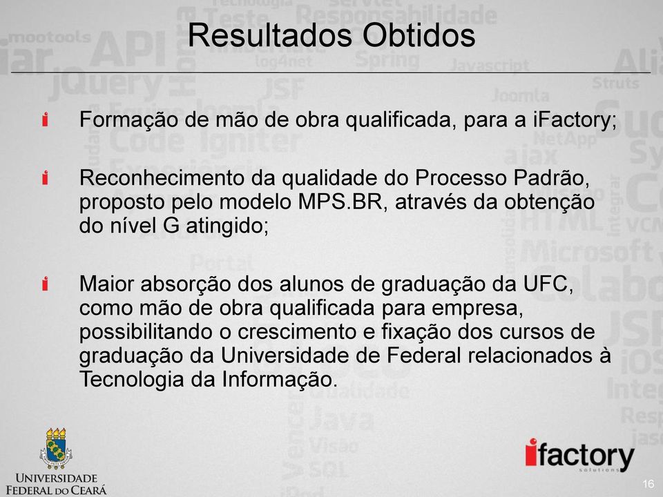 BR, através da obtenção do nível G atingido; Maior absorção dos alunos de graduação da UFC, como mão de