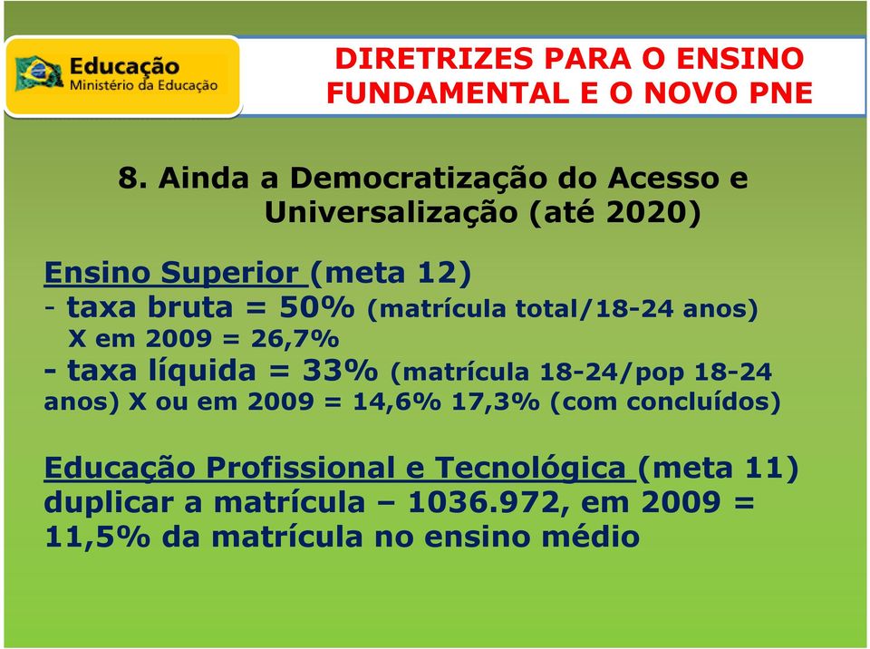 (matrícula 18-24/pop 18-24 anos) X ou em 2009 = 14,6% 17,3% (com concluídos) Educação