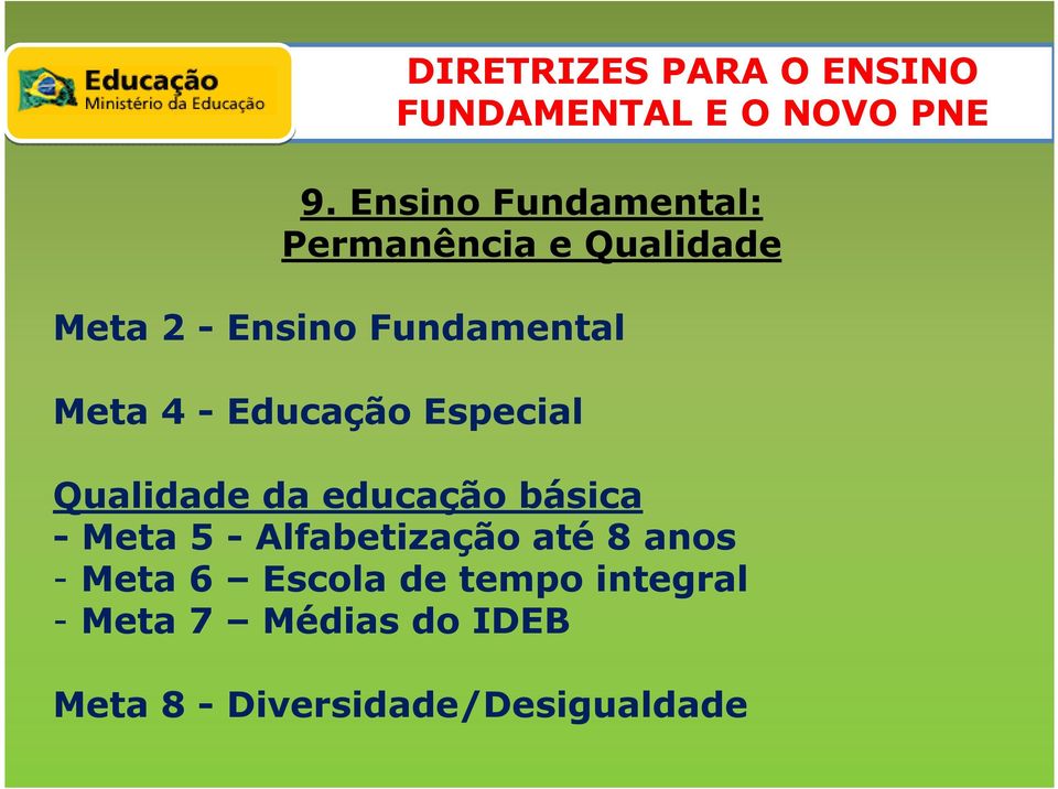 básica - Meta 5 - Alfabetização até 8 anos - Meta 6 Escola de