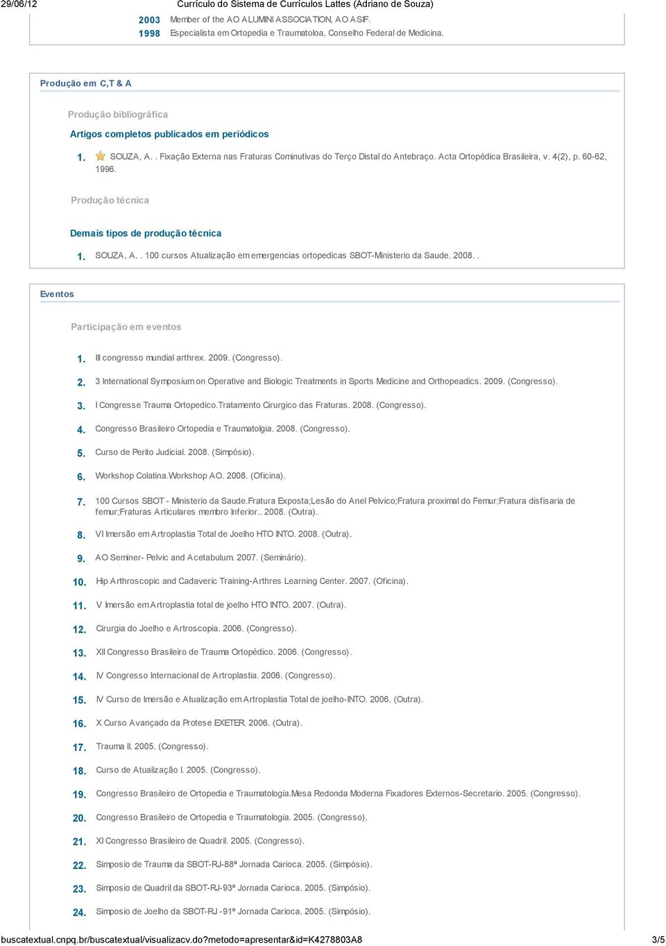 Acta Ortopédica Brasileira, v. 4(2), p. 60-62, 1996. Produção técnica Demais tipos de produção técnica 1. SOUZA, A.. 100 cursos Atualização em emergencias ortopedicas SBOT-Ministerio da Saude. 2008.