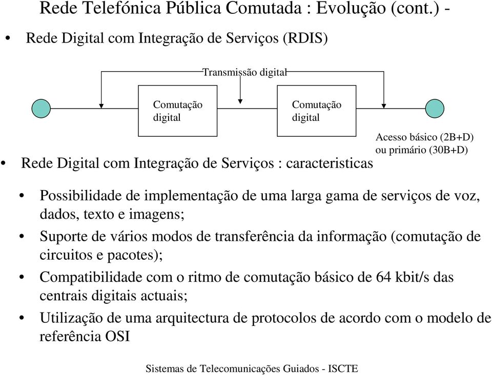 Serviços : caracteristicas Acesso básico (2B+D) ou primário (30B+D) Possibilidade de implementação de uma larga gama de serviços de voz, dados,