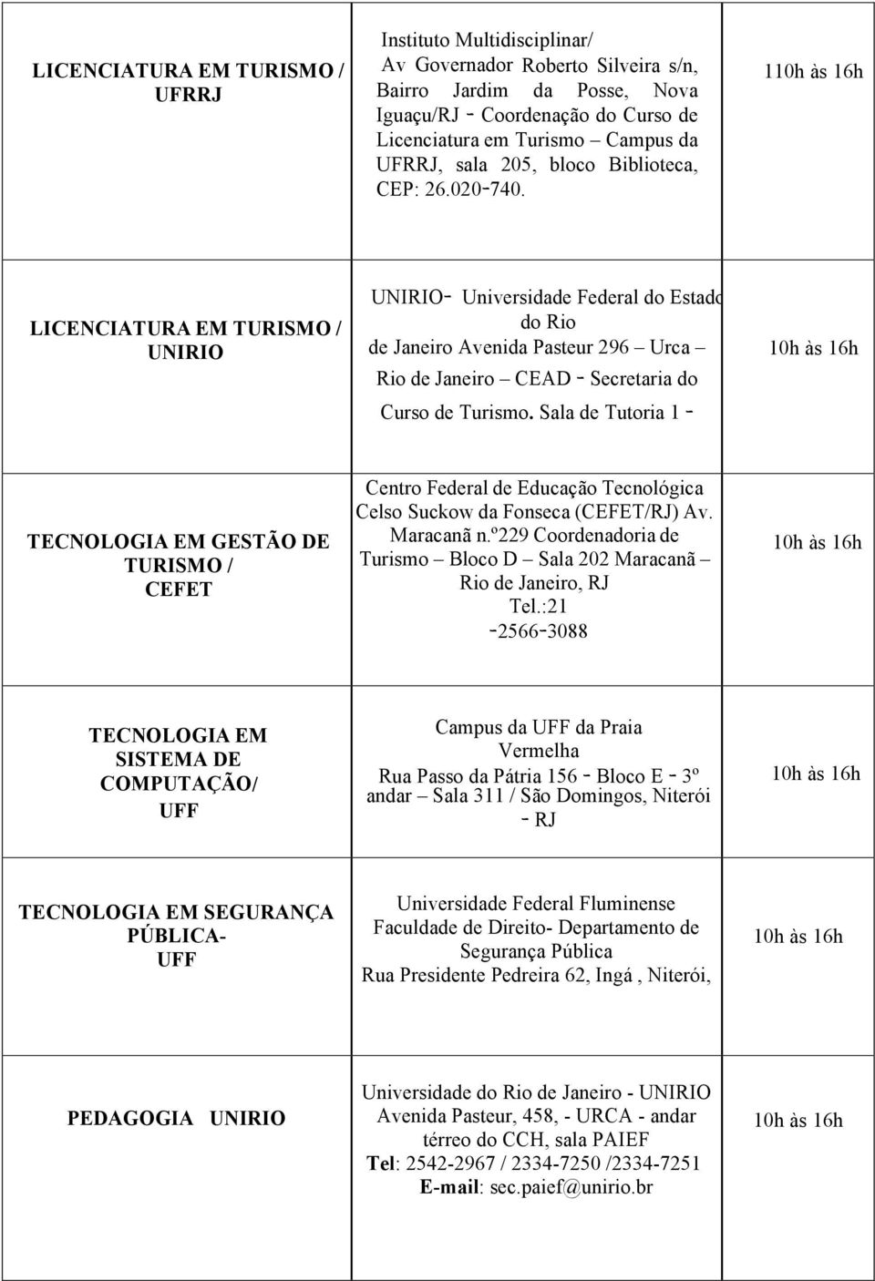 1 LICENCIATURA EM TURISMO / UNIRIO UNIRIO- Universidade Federal do Estado do Rio de Avenida Pasteur 296 Urca Rio de CEAD - Secretaria do Curso de Turismo.