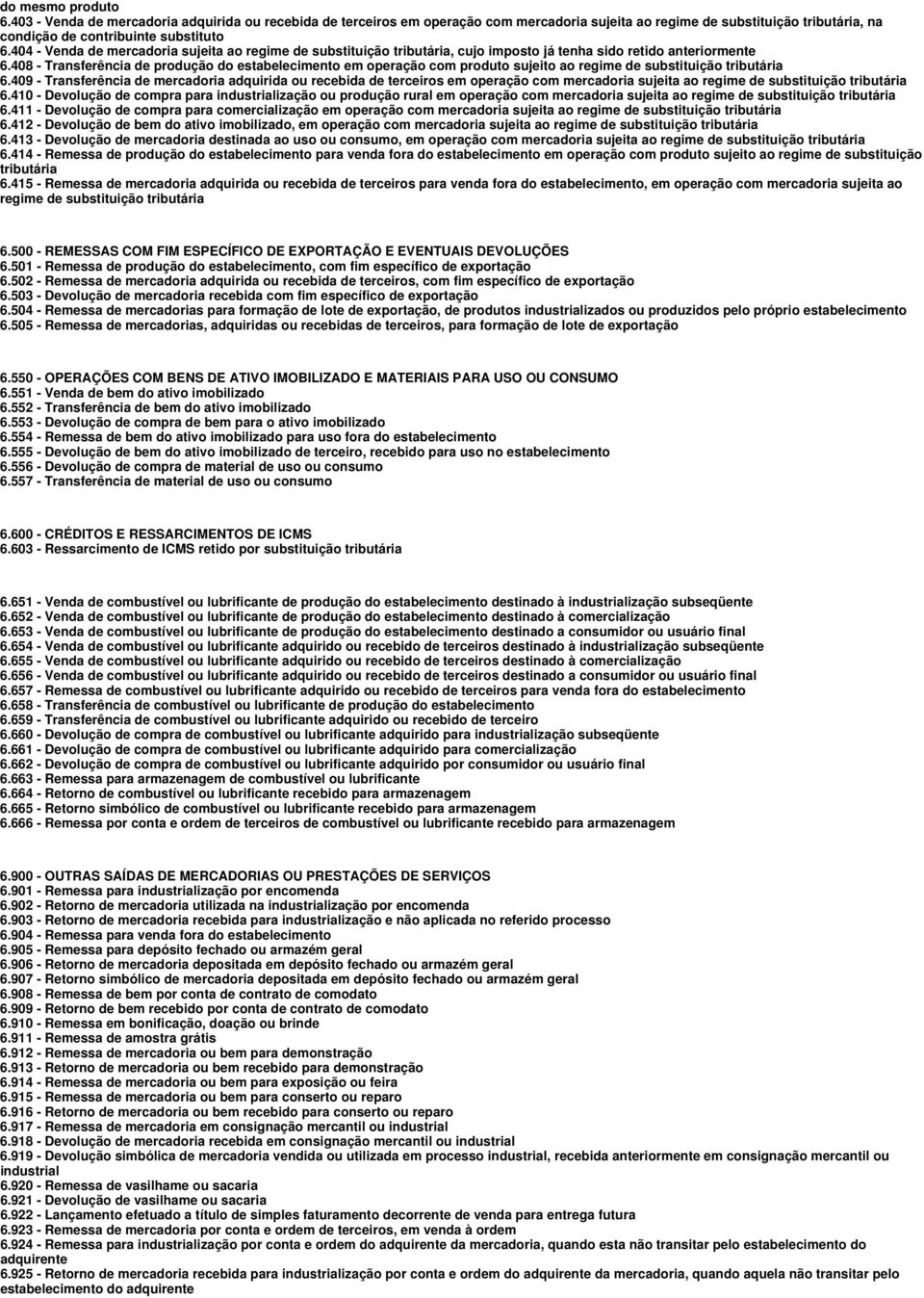 408 - Transferência de produção do estabelecimento em operação com produto sujeito ao regime de substituição tributária 6.