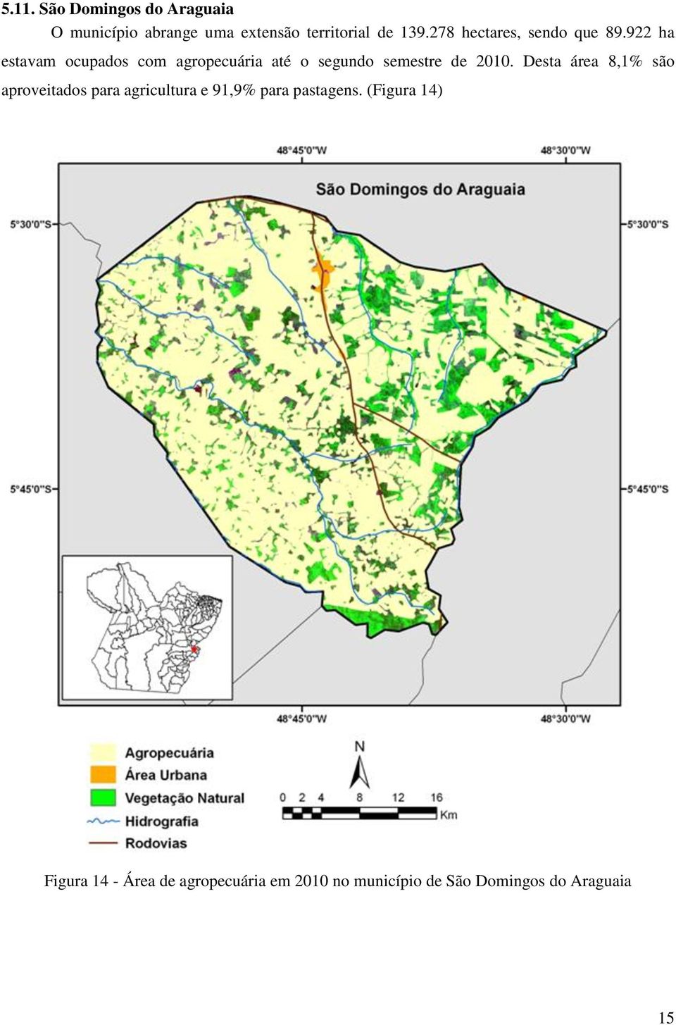 922 ha estavam ocupados com agropecuária até o segundo semestre de 2010.