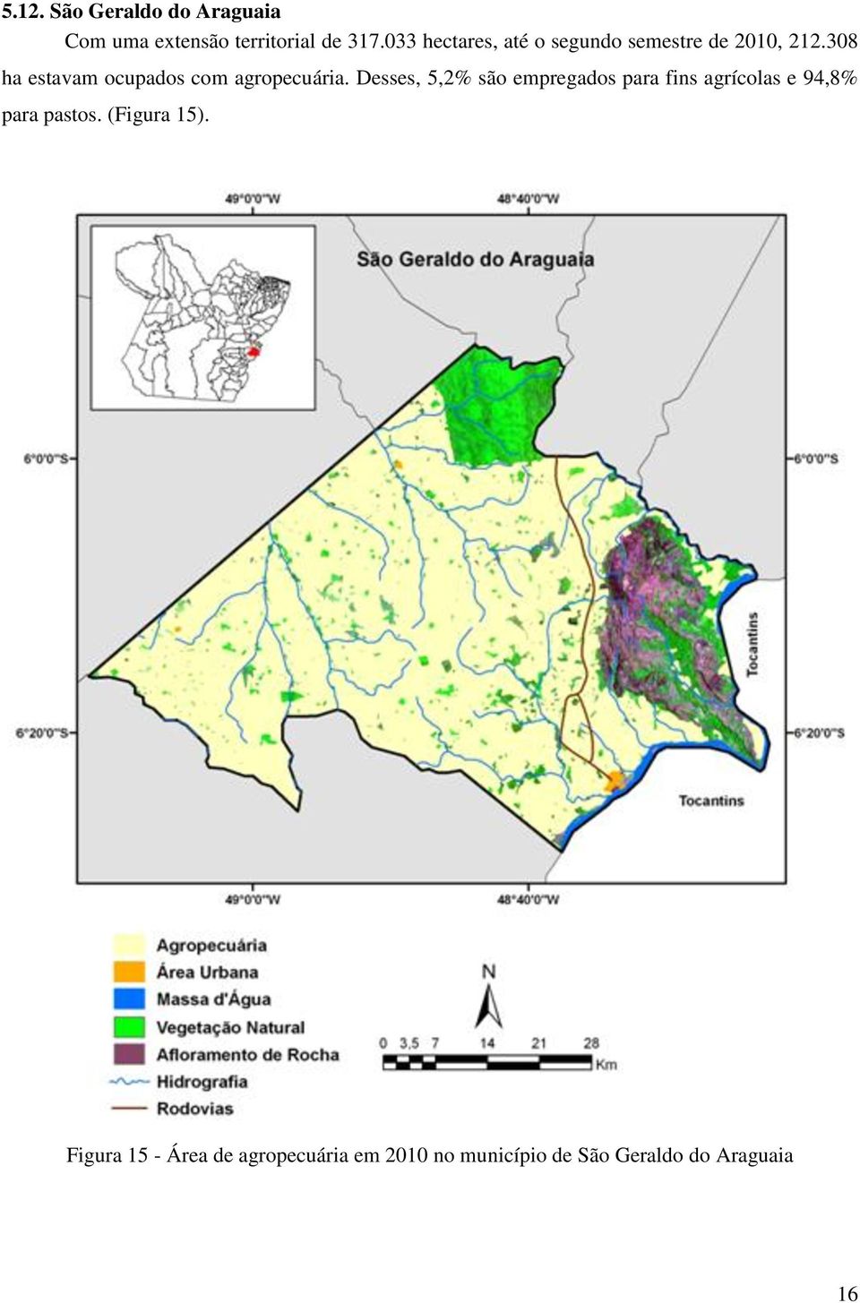 308 ha estavam ocupados com agropecuária.