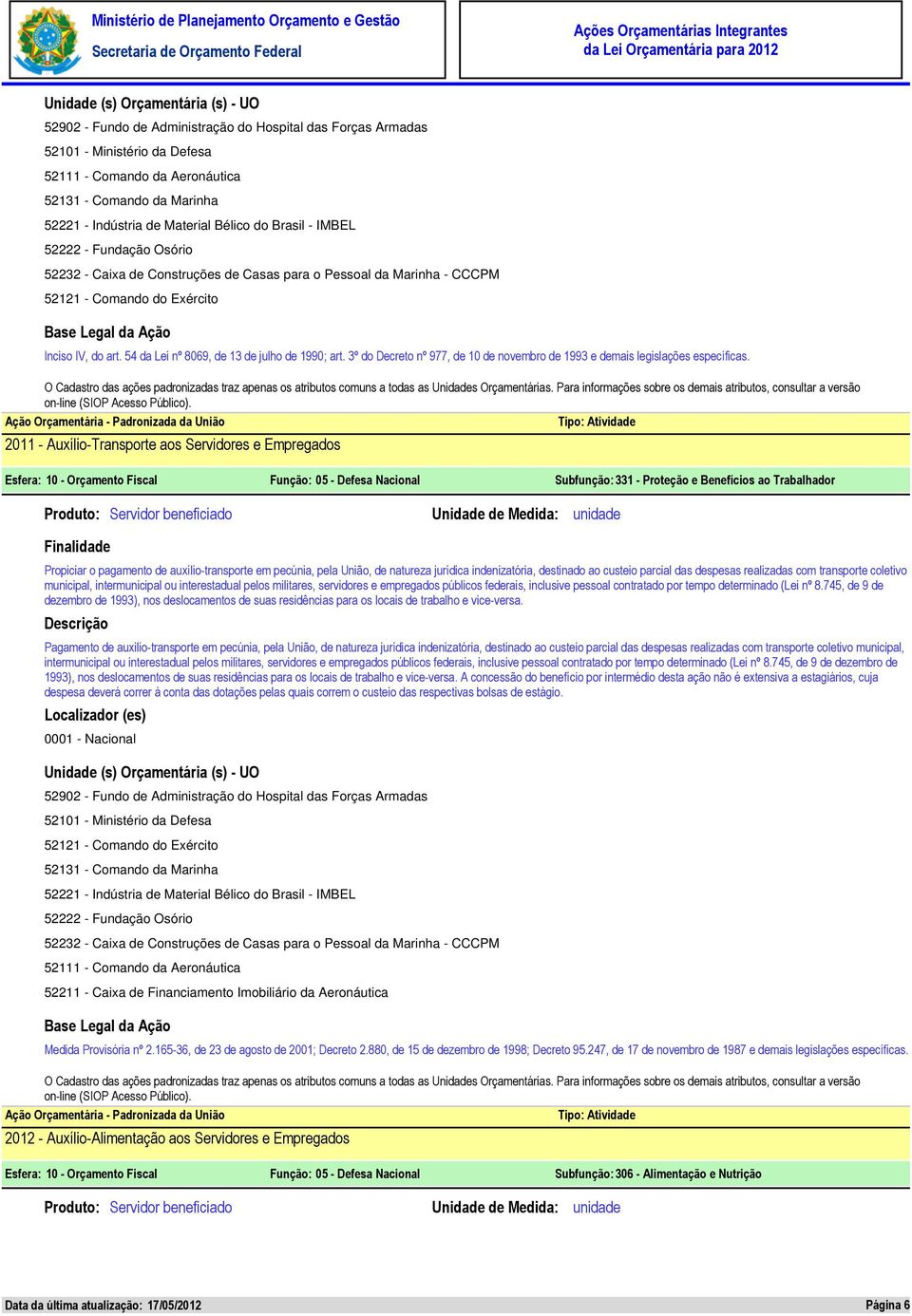 2011 - Auxílio-Transporte aos Servidores e Empregados Esfera: 10 - Orçamento Fiscal Função: 05 - Defesa Nacional Subfunção: 331 - Proteção e Benefícios ao Trabalhador Servidor beneficiado Propiciar o