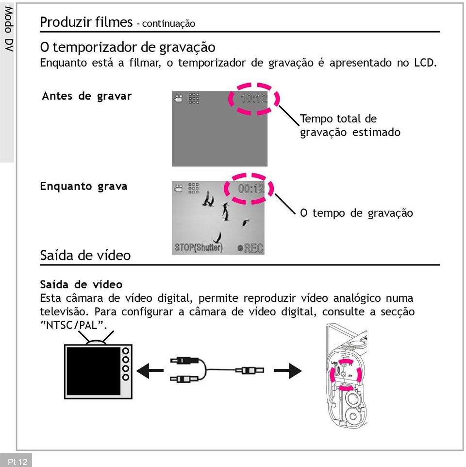 Antes de gravar Tempo total de gravação estimado Enquanto grava O tempo de gravação Saída de vídeo