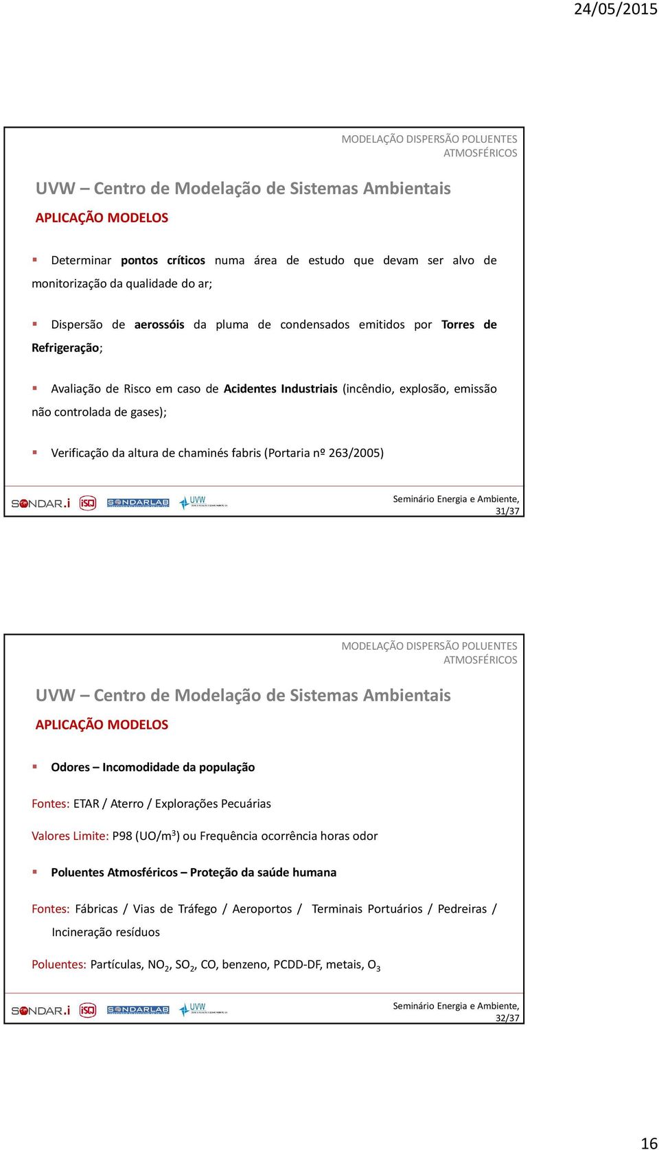 gases); Verificação da altura de chaminés fabris (Portaria nº 263/2005) 31/37 MODELAÇÃO DISPERSÃO POLUENTES ATMOSFÉRICOS UVW Centro de Modelação de Sistemas Ambientais APLICAÇÃO MODELOS Odores