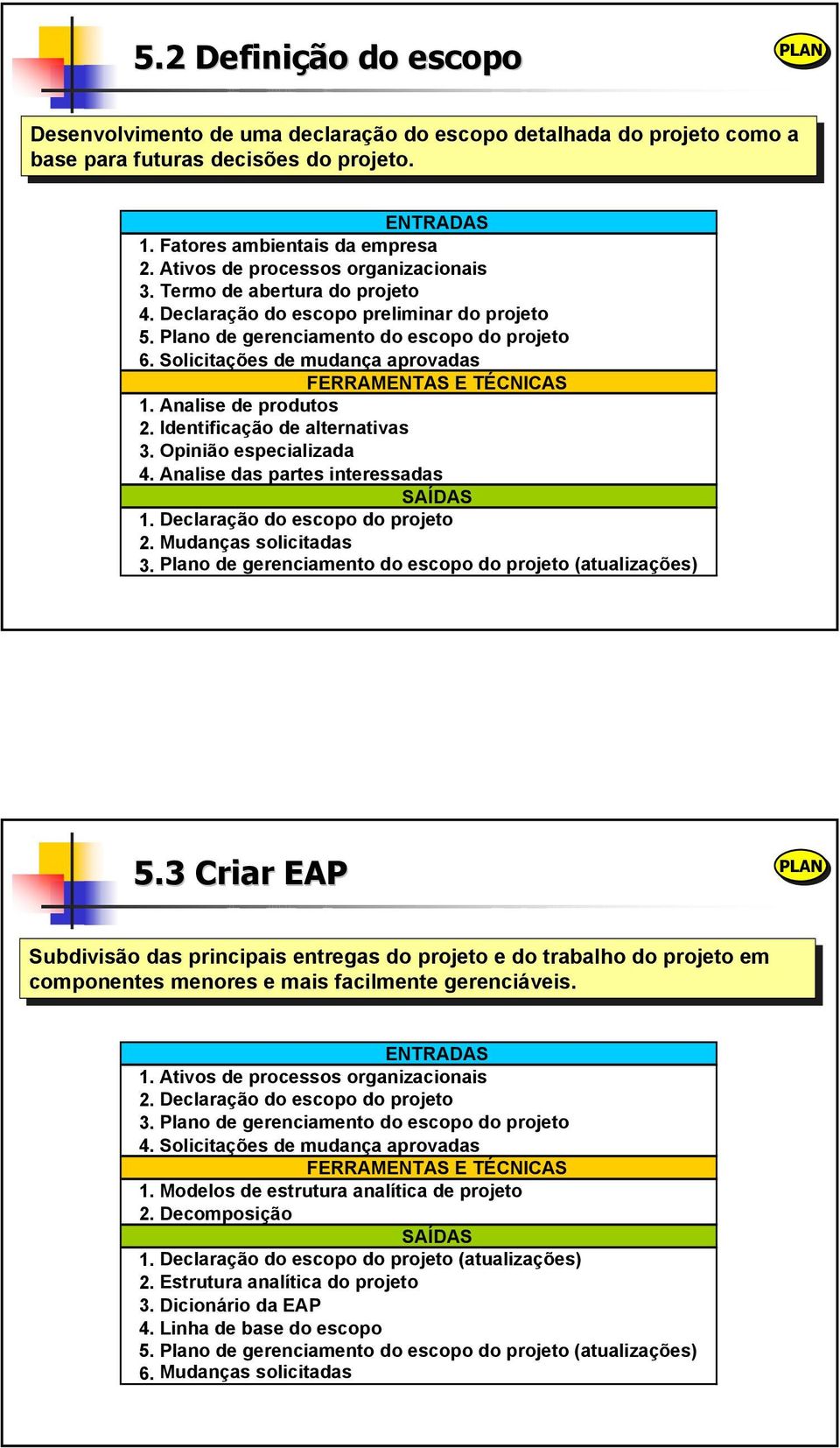 Solicitações de mudança aprovadas FERRAMENTAS E TÉCNICAS 1. Analise de produtos 2. Identificação de alternativas 3. Opinião especializada 4. Analise das partes interessadas SAÍDAS 1.