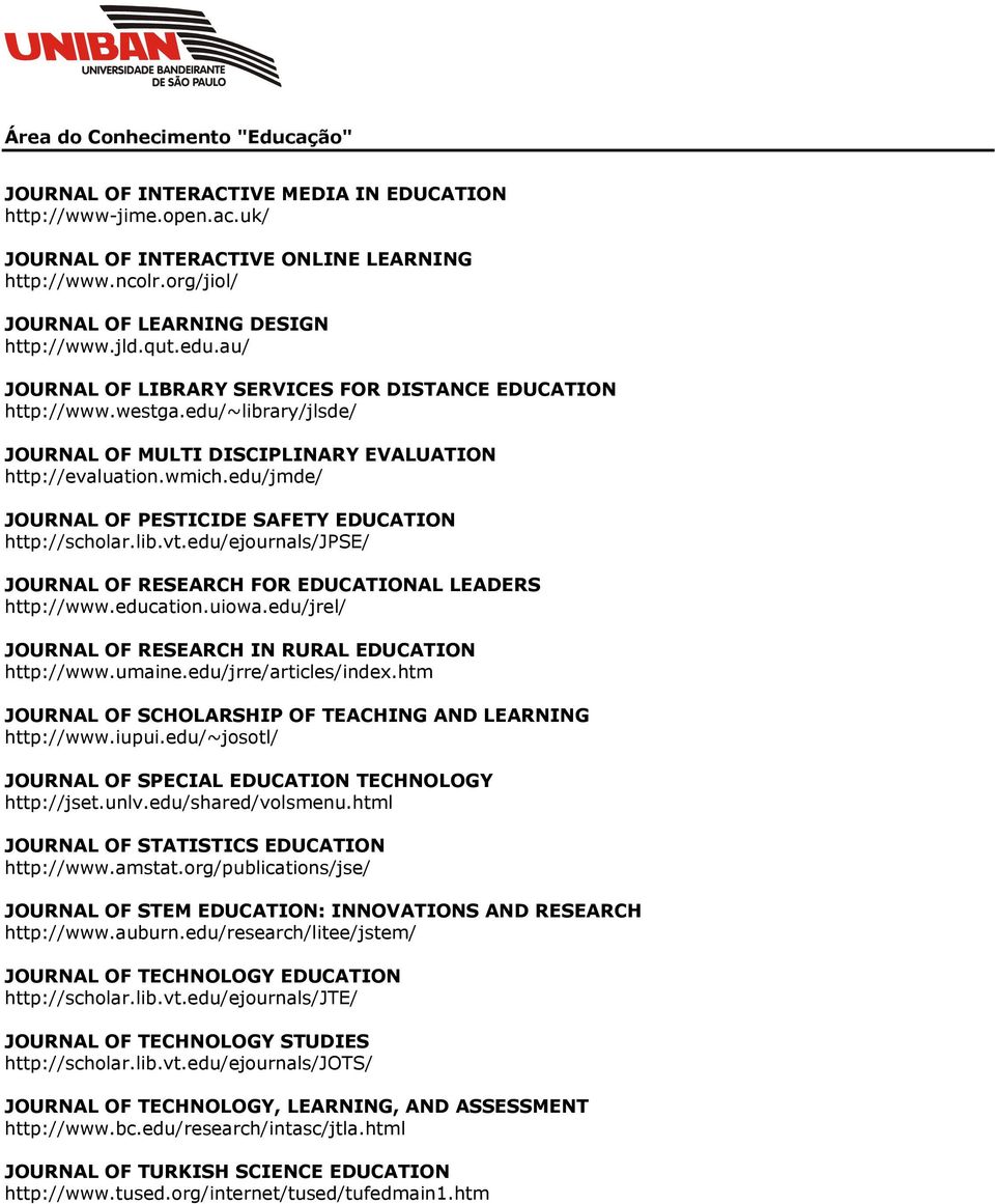 edu/jmde/ JOURNAL OF PESTICIDE SAFETY EDUCATION http://scholar.lib.vt.edu/ejournals/jpse/ JOURNAL OF RESEARCH FOR EDUCATIONAL LEADERS http://www.education.uiowa.