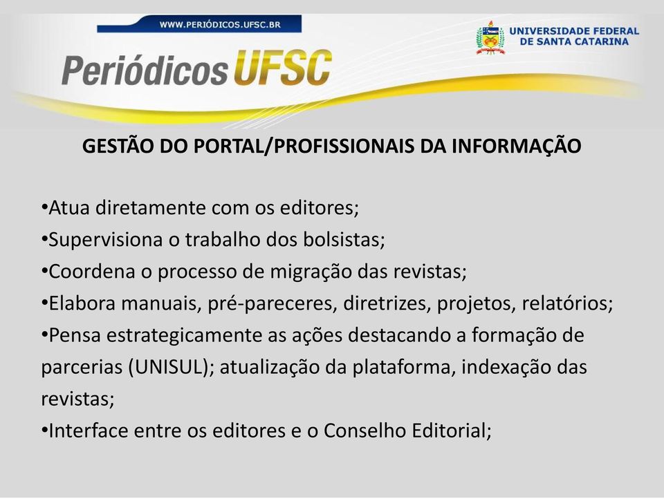 diretrizes, projetos, relatórios; Pensa estrategicamente as ações destacando a formação de parcerias