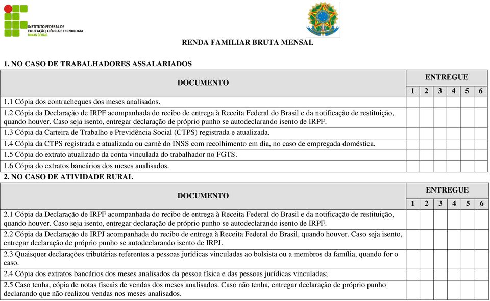 3 Cópia da Carteira de Trabalho e Previdência Social (CTPS) registrada e atualizada. 1.4 Cópia da CTPS registrada e atualizada ou carnê do INSS com recolhimento em dia, no caso de empregada doméstica.