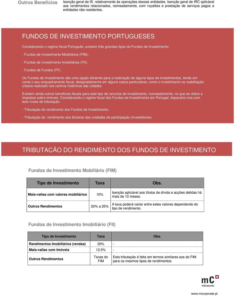 FUNDOS DE INVESTIMENTO PORTUGUESES Considerando o regime fiscal Português, existem três grandes tipos de Fundos de Investimento: - Fundos de Investimento Mobiliários (FIM); - Fundos de Investimento