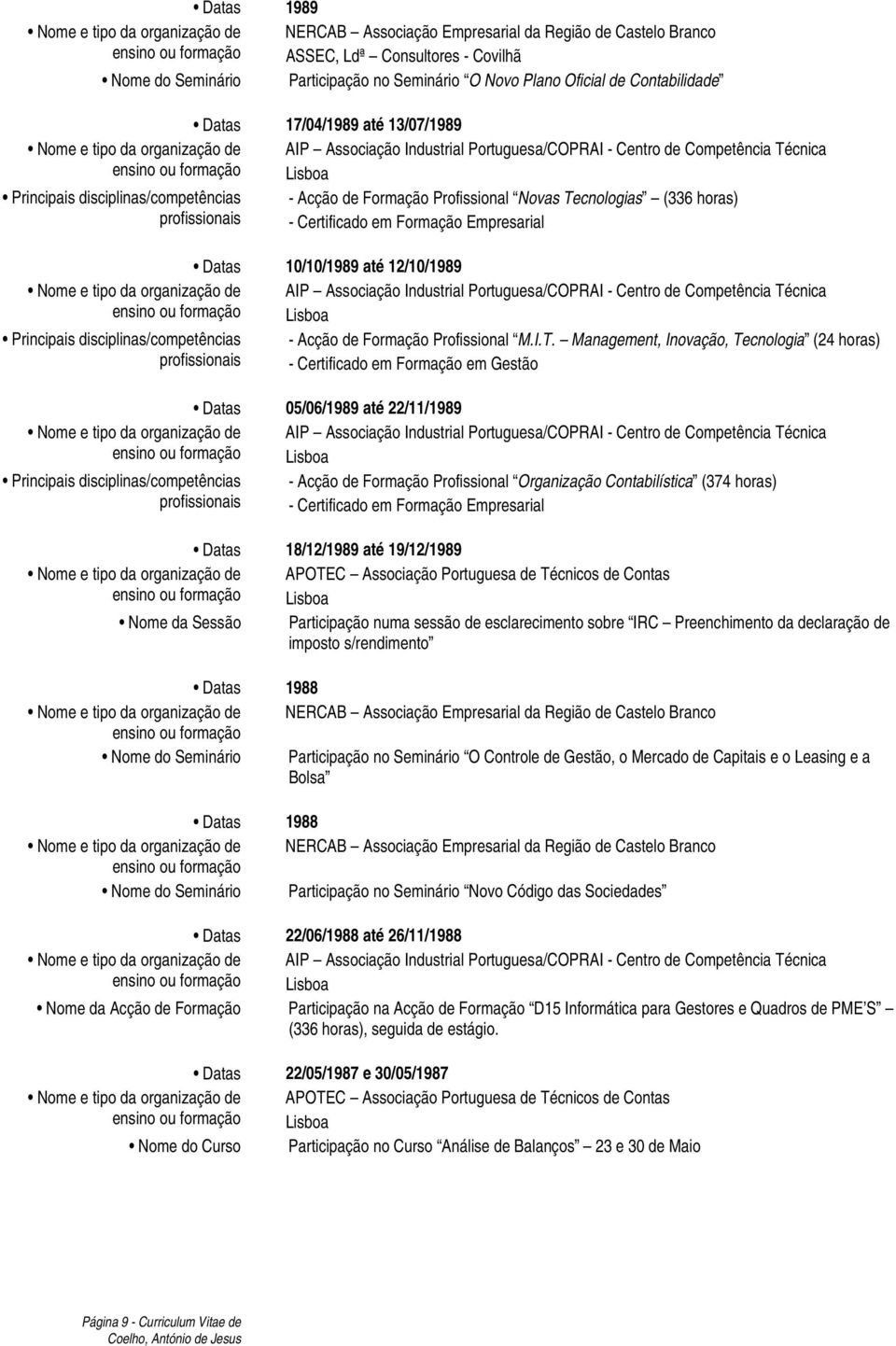 (336 horas) profissionais - Certificado em Formação Empresarial Datas 10/10/1989 até 12/10/1989 AIP Associação Industrial Portuguesa/COPRAI - Centro de Competência Técnica Lisboa Principais