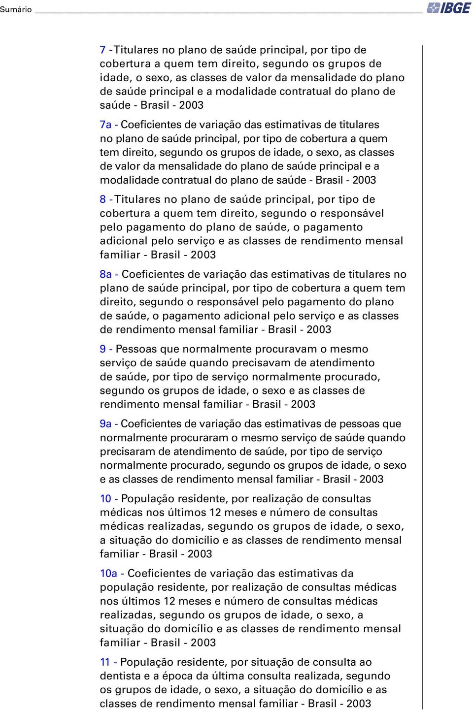 grupos de idade, o sexo, as classes de valor da mensalidade do plano de saúde principal e a modalidade contratual do plano de saúde - Brasil - 2003 8 - Titulares no plano de saúde principal, por tipo