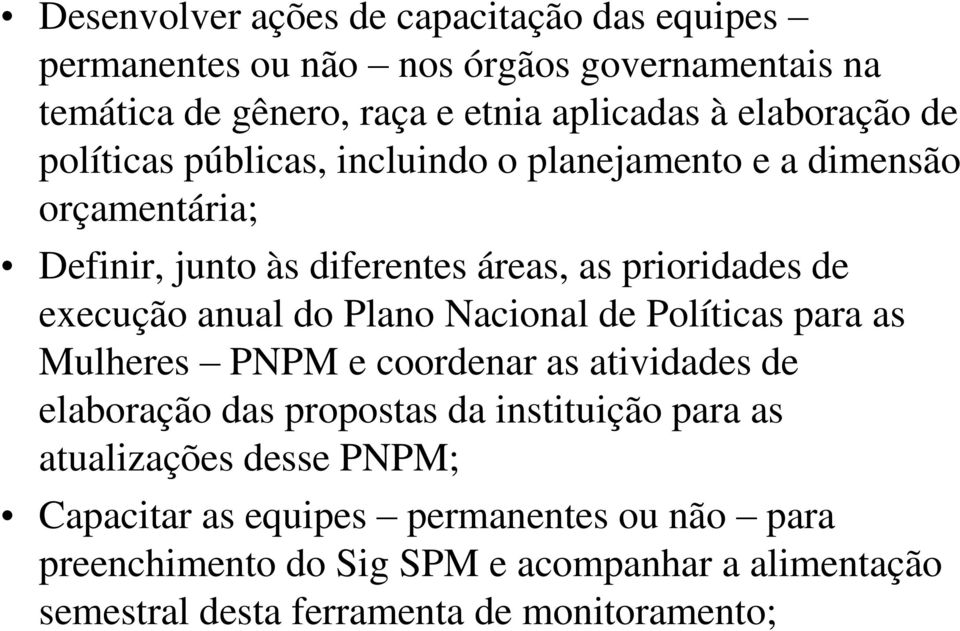 execução anual do Plano Nacional de Políticas para as Mulheres PNPM e coordenar as atividades de elaboração das propostas da instituição para as