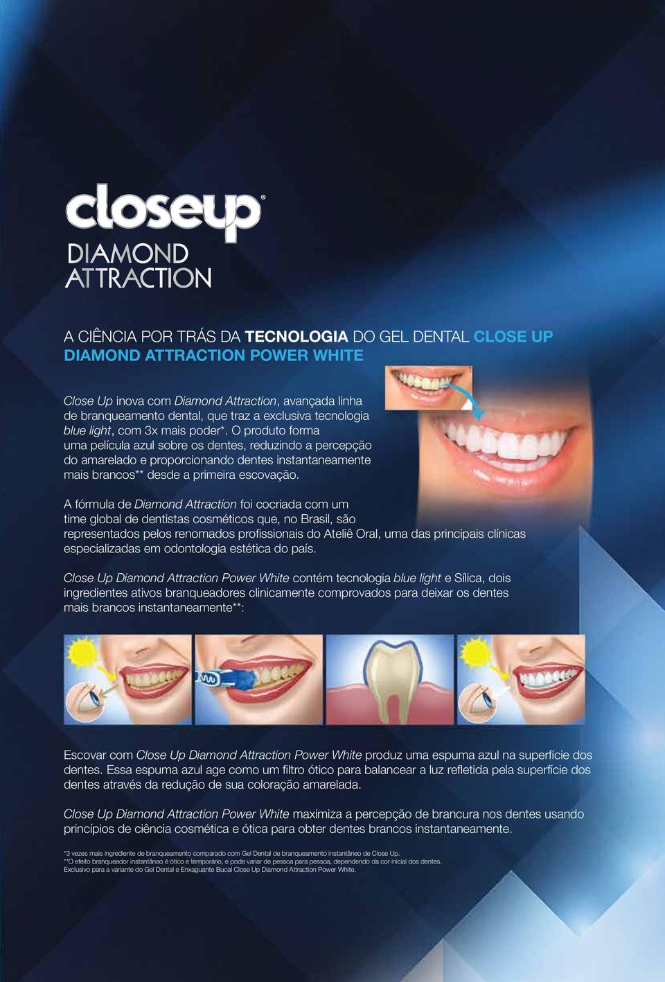 O produto forma uma película azul sobre os dentes, reduzindo a percepção do amarelado e proporcionando dentes instantaneamente mais brancos** desde a primeira escovação.