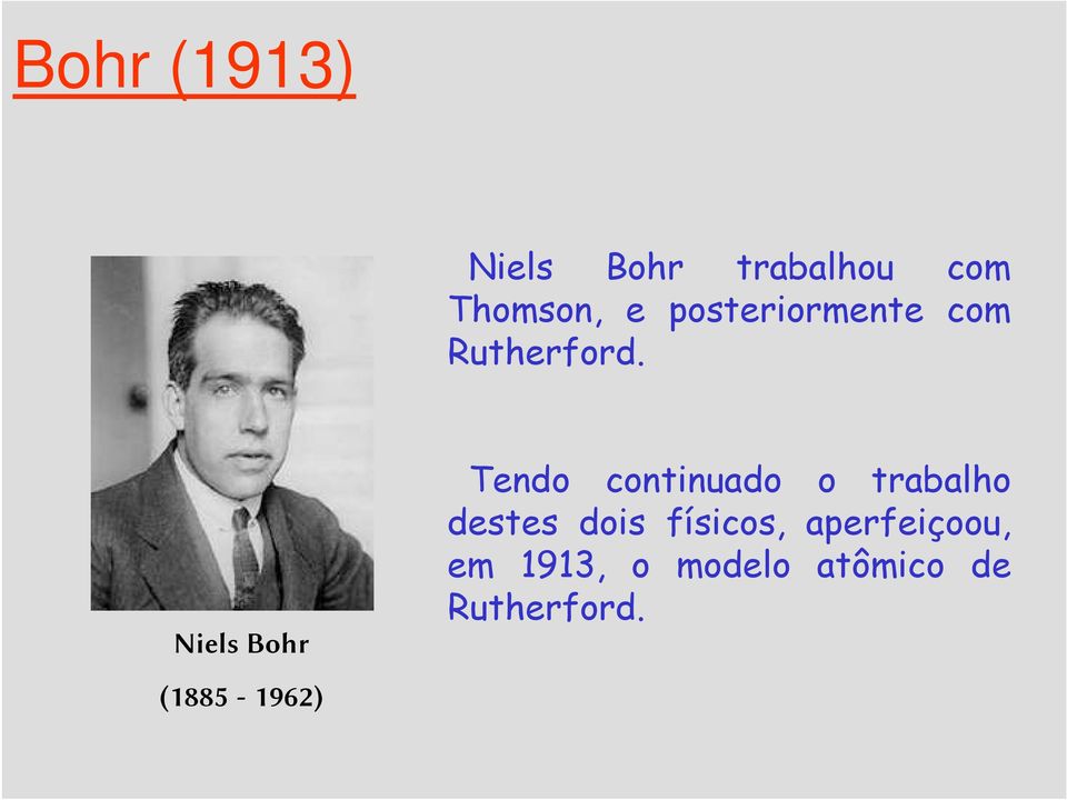 Niels Bohr (1885-1962) Tendo continuado o trabalho