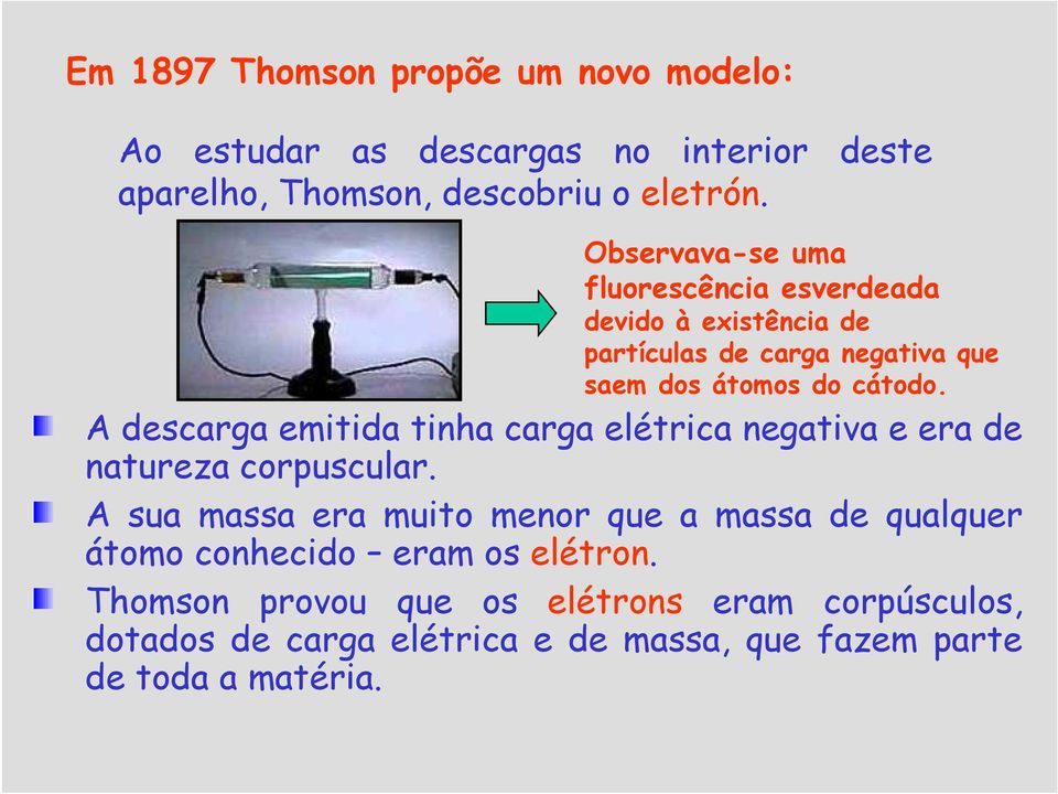 A descarga emitida tinha carga elétrica negativa e era de natureza corpuscular.
