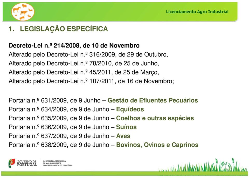 º 631/2009, de 9 Junho Gestão de Efluentes Pecuários Portaria n.º 634/2009, de 9 de Junho Equídeos Portaria n.