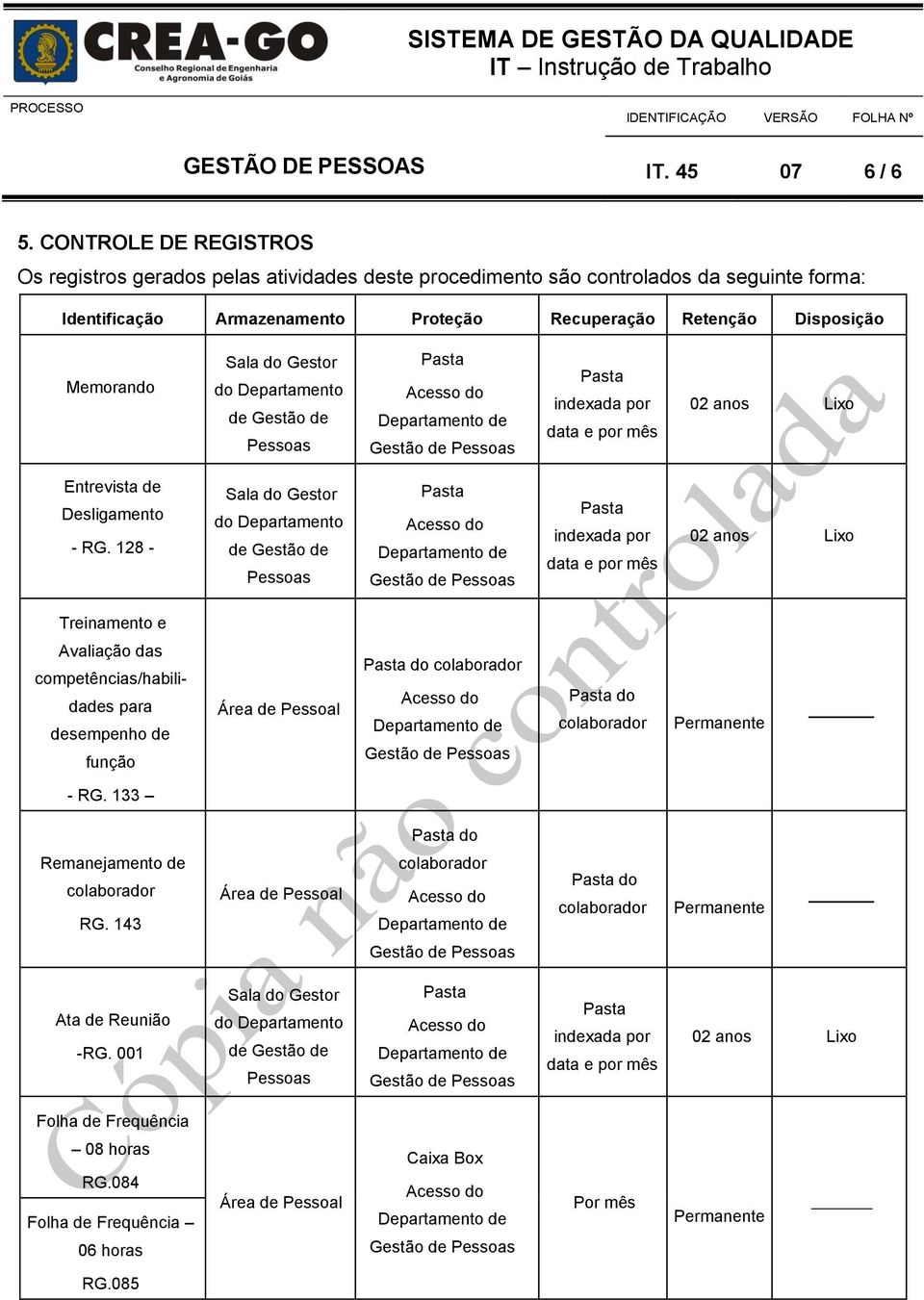 do Gestor do Departamento de Gestão de Pessoas indexada por data e por mês 02 anos Lixo Entrevista de Desligamento - RG.