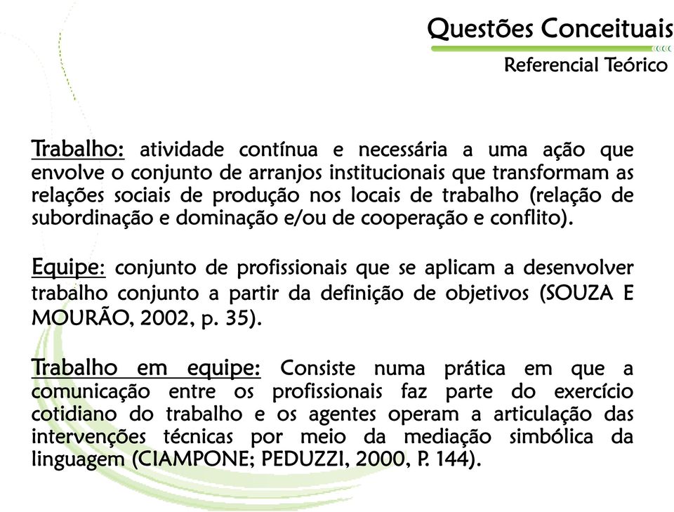 Equipe: conjunto de profissionais que se aplicam a desenvolver trabalho conjunto a partir da definição de objetivos (SOUZA E MOURÃO, 2002, p. 35).