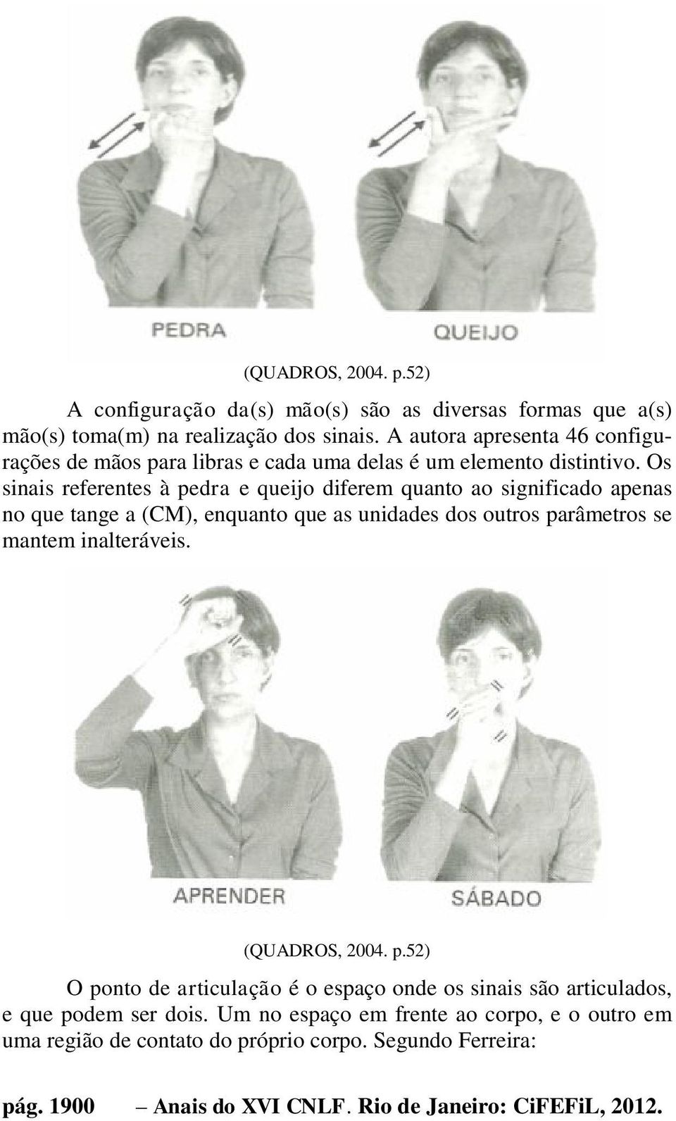 Os sinais referentes à pedra e queijo diferem quanto ao significado apenas no que tange a (CM), enquanto que as unidades dos outros parâmetros se mantem inalteráveis.