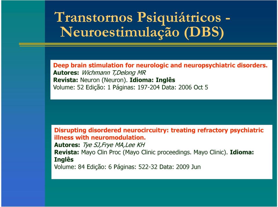 Idioma: Inglês Volume: 52 Edição: 1 Páginas: 197-204 Data: 2006 Oct 5 Disrupting disordered neurocircuitry: treating