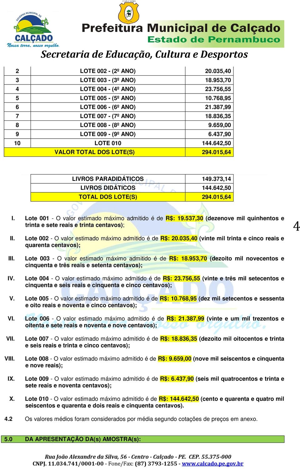 Lote 001 - O valor estimado máximo admitido é de R$: 19.537,30 (dezenove mil quinhentos e trinta e sete reais e trinta centavos); II. Lote 002 - O valor estimado máximo admitido é de R$: 20.