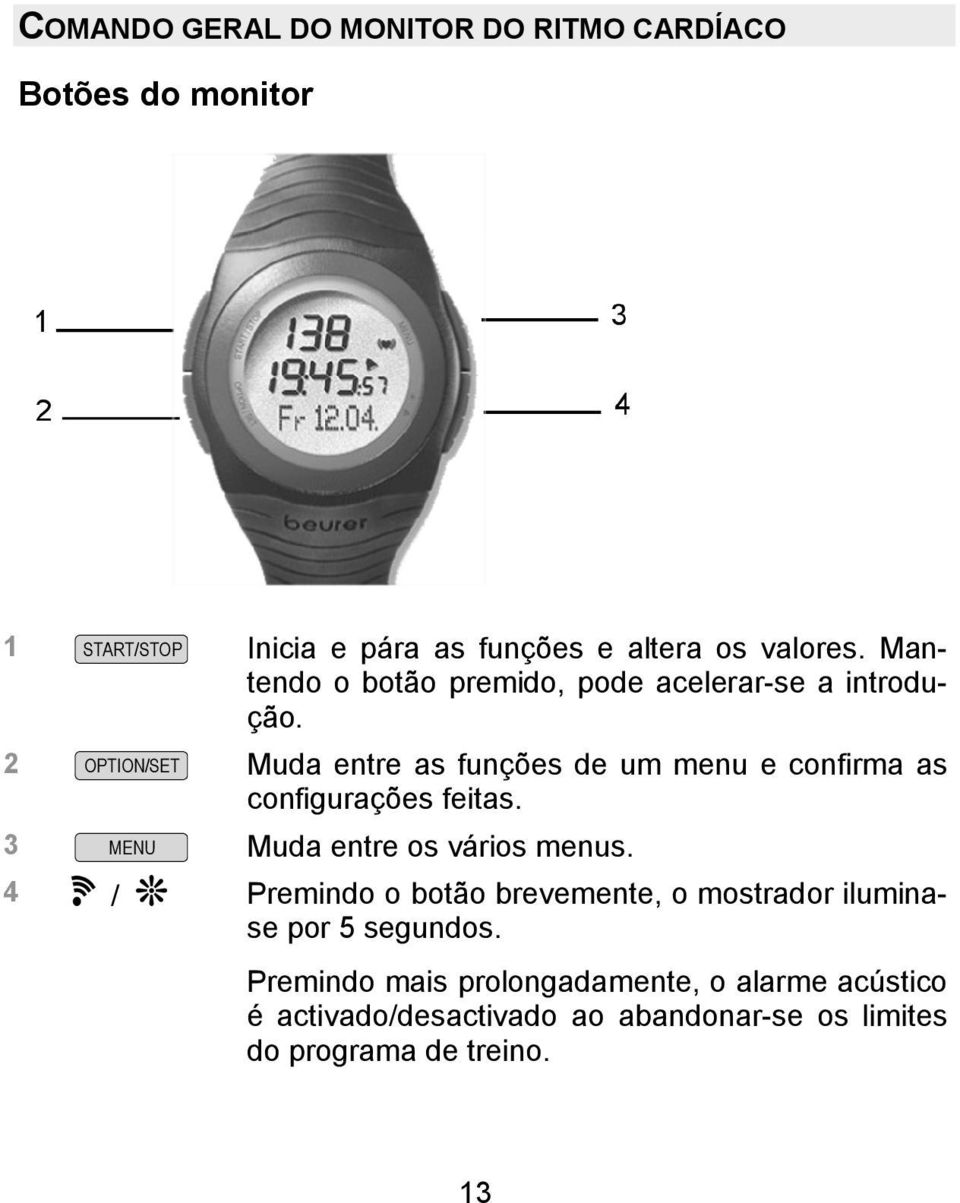 2 OPTION/SET Muda entre as funções de um menu e confirma as configurações feitas. 3 MENU Muda entre os vários menus.